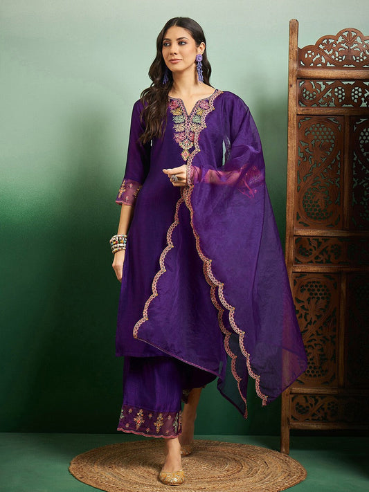 Teeya Creation Violet Color Chanderi Embroidery Work Fully Stitched Kurti Set
