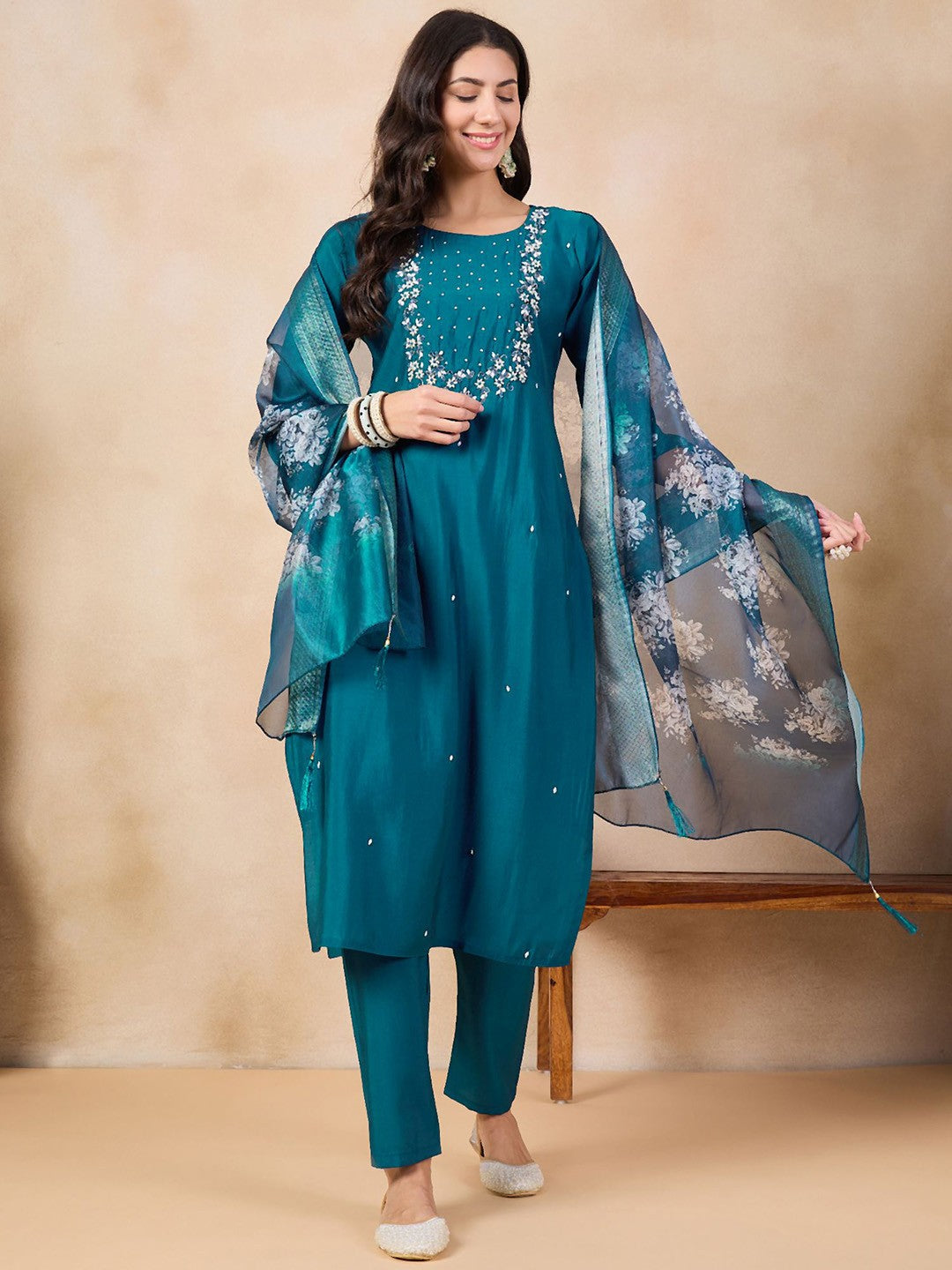 Teeya Creation More Peach Color Viscose Chanderi Embroidery Work Fully Stitched Kurti Set