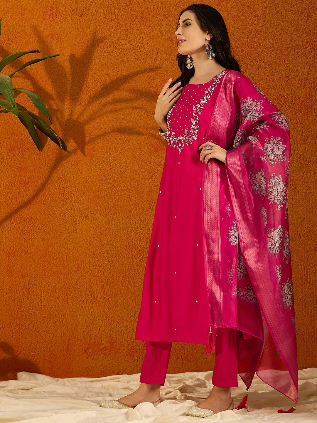 Teeya Creation Pink Color Viscose Chanderi Embroidery Work Fully Stitched Kurti Set
