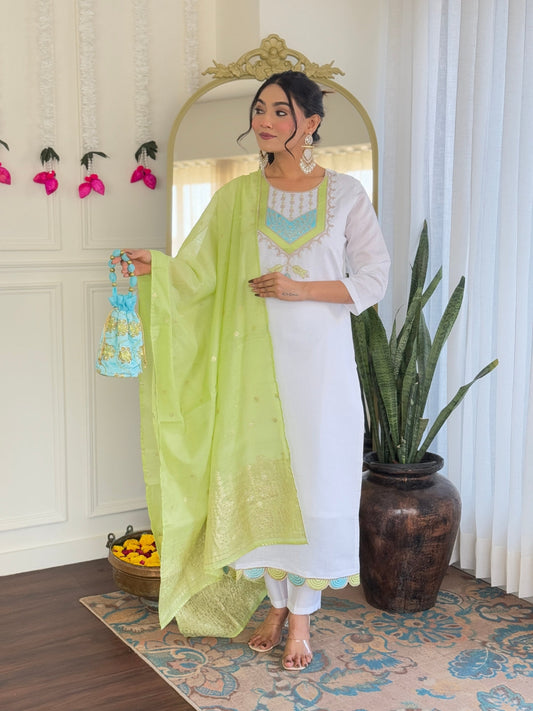Teeya Creation White Color Viscose Chanderi Embroidery Work Fully Stitched Kurti Set