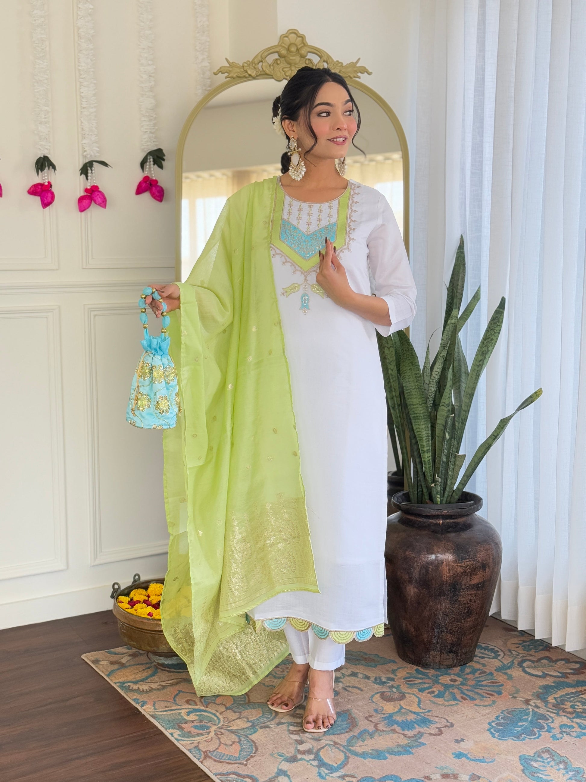 Teeya Creation White Color Viscose Chanderi Embroidery Work Fully Stitched Kurti Set