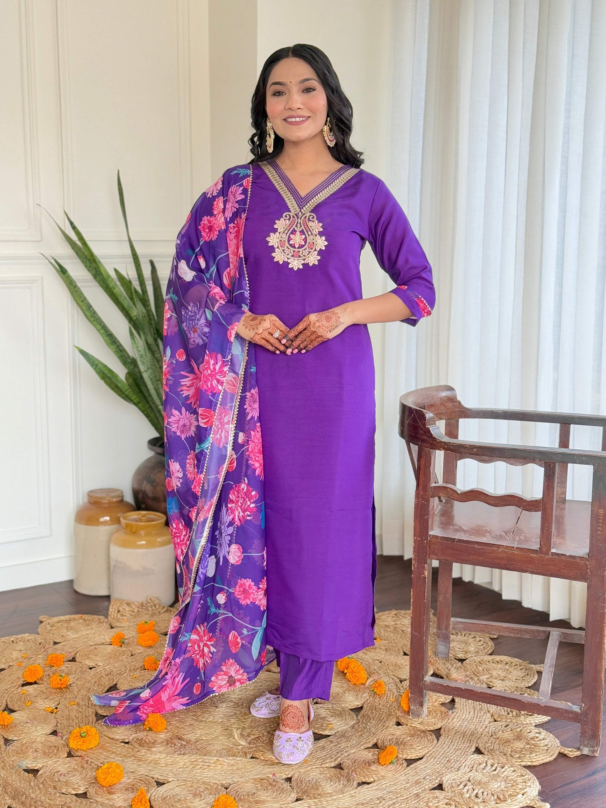 Teeya Creation Purple Color Viscose Chanderi Embroidery Work Fully Stitched Kurti Set