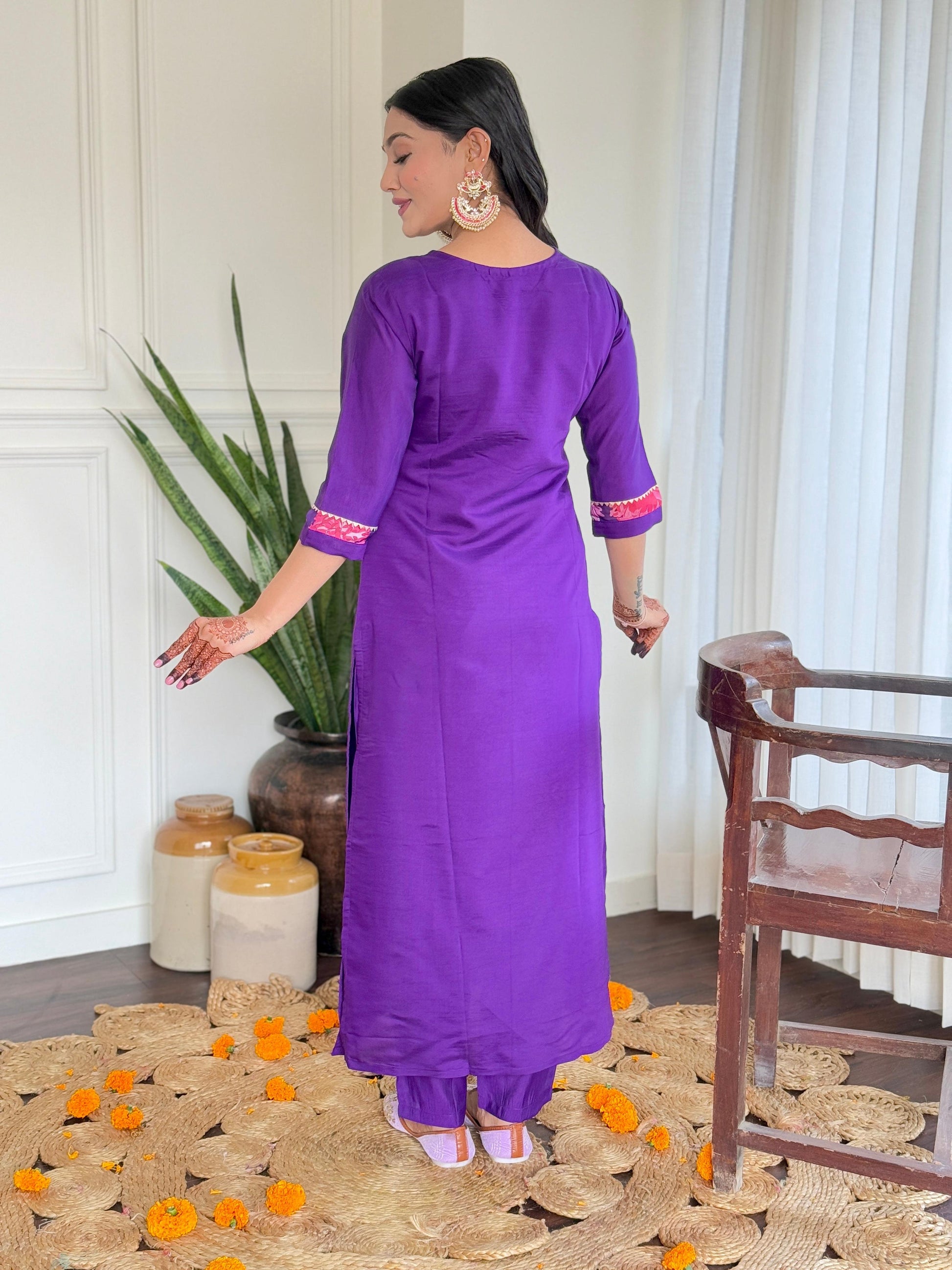 Teeya Creation Purple Color Viscose Chanderi Embroidery Work Fully Stitched Kurti Set