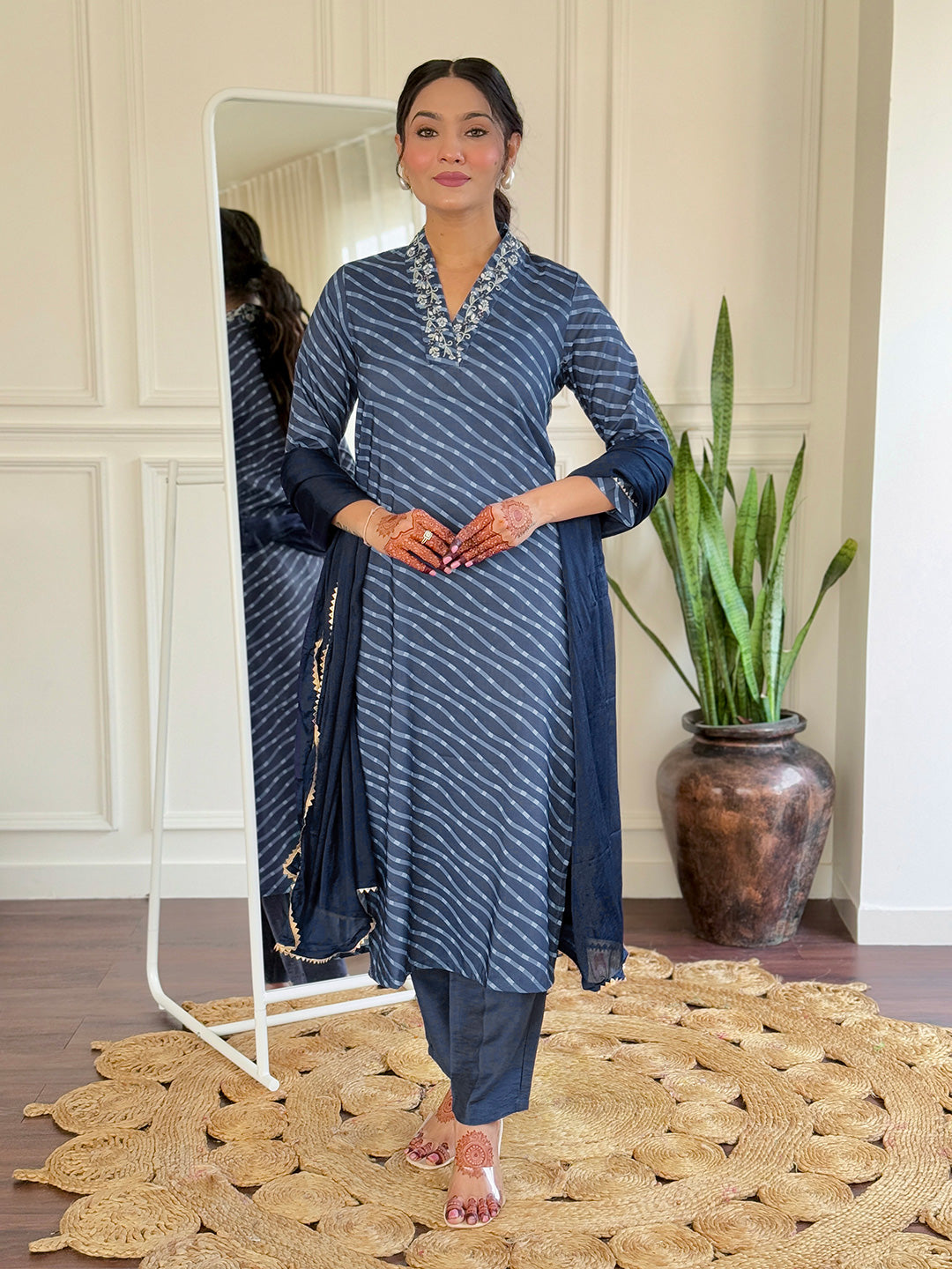 Teeya Creation Grey Color MUSLIN Embroidery Work Fully Stitched Kurti Set
