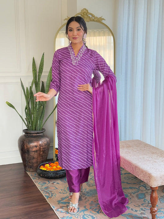 Teeya Creation Purple Color MUSLIN Embroidery Work Fully Stitched Kurti Set