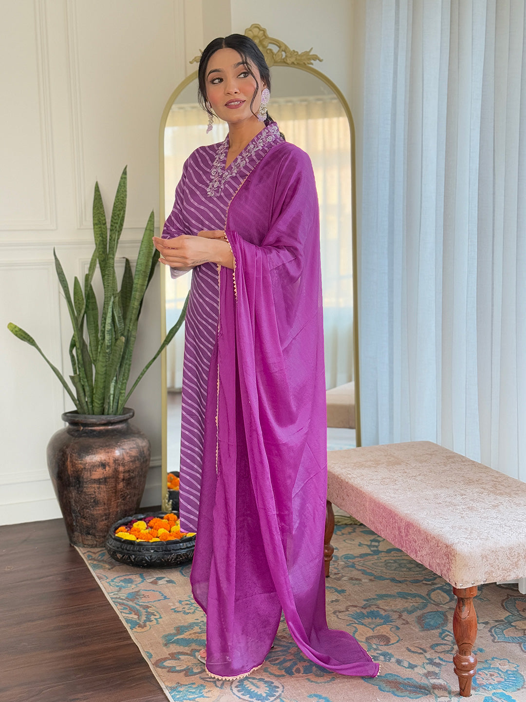 Teeya Creation Purple Color MUSLIN Embroidery Work Fully Stitched Kurti Set