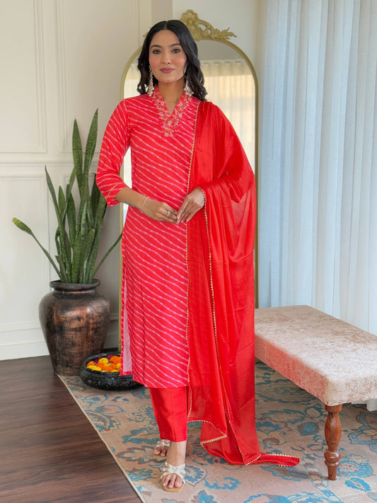 Teeya Creation Red Color MUSLIN Embroidery Work Fully Stitched Kurti Set