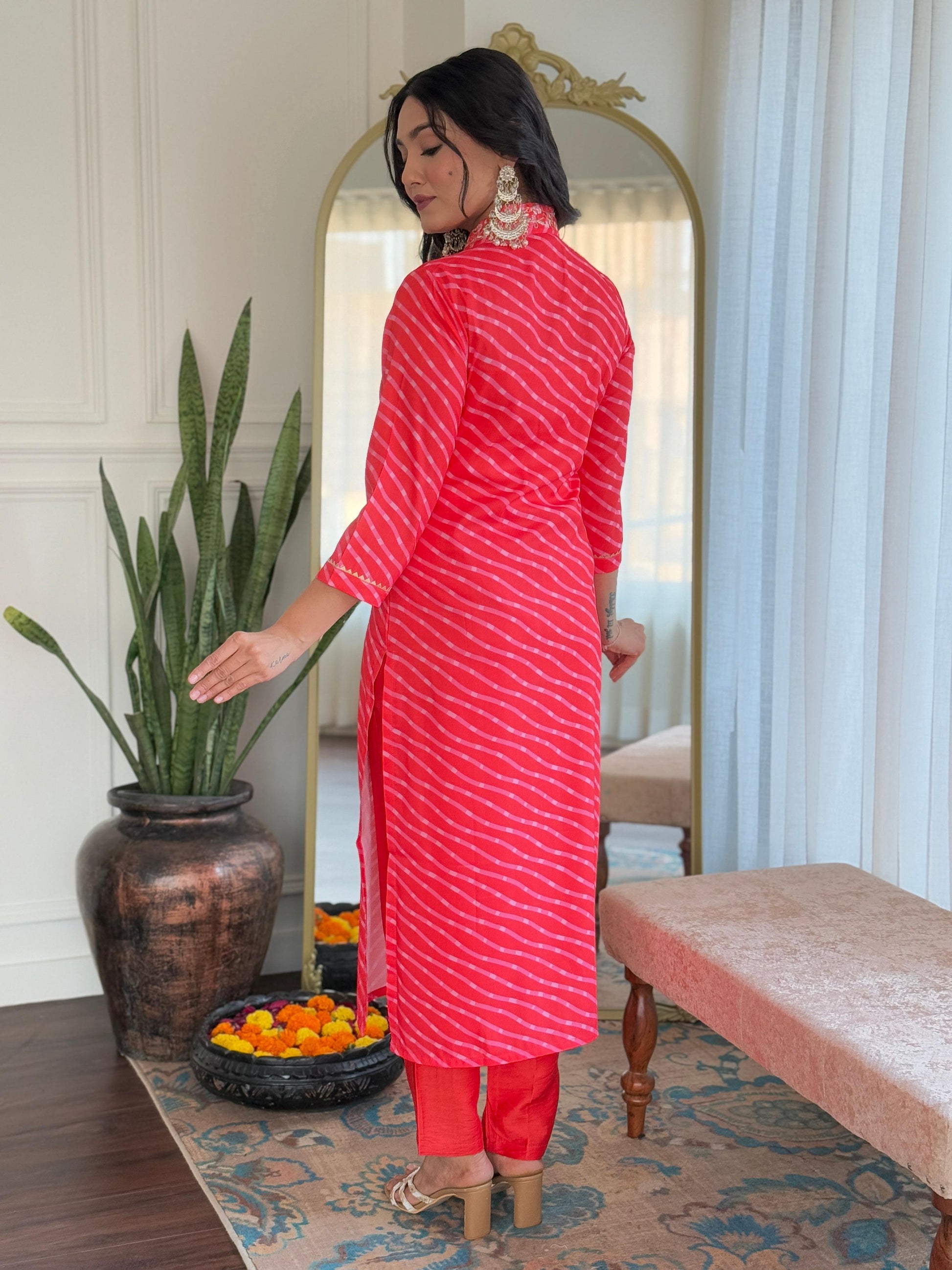 Teeya Creation Red Color MUSLIN Embroidery Work Fully Stitched Kurti Set