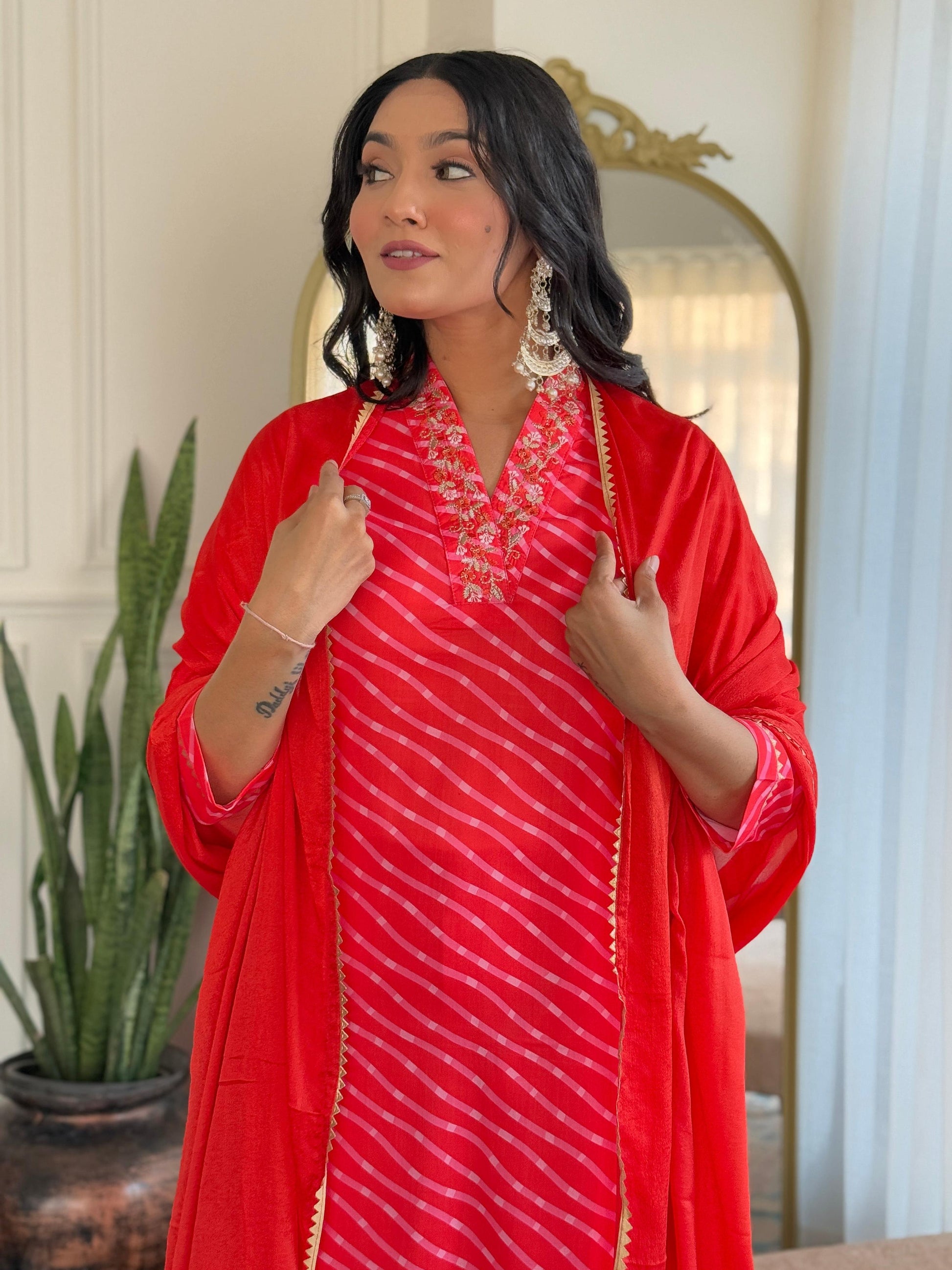 Teeya Creation Red Color MUSLIN Embroidery Work Fully Stitched Kurti Set