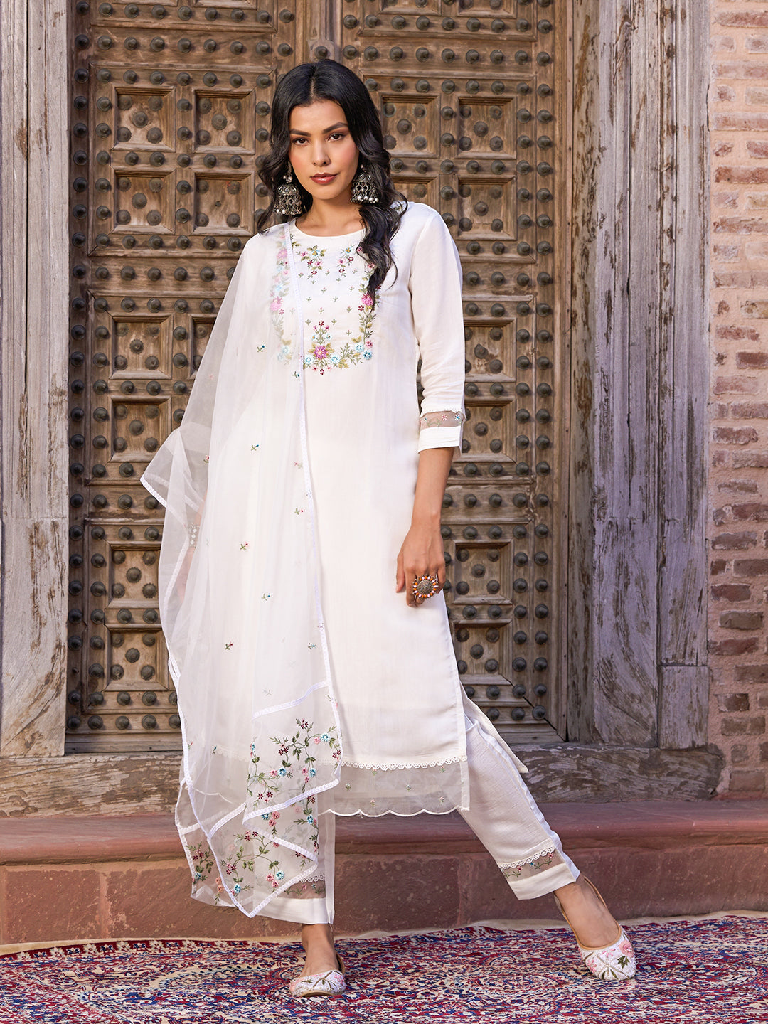 Teeya Creation White Color Viscose Chanderi Embroidery Work Fully Stitched Kurti Set