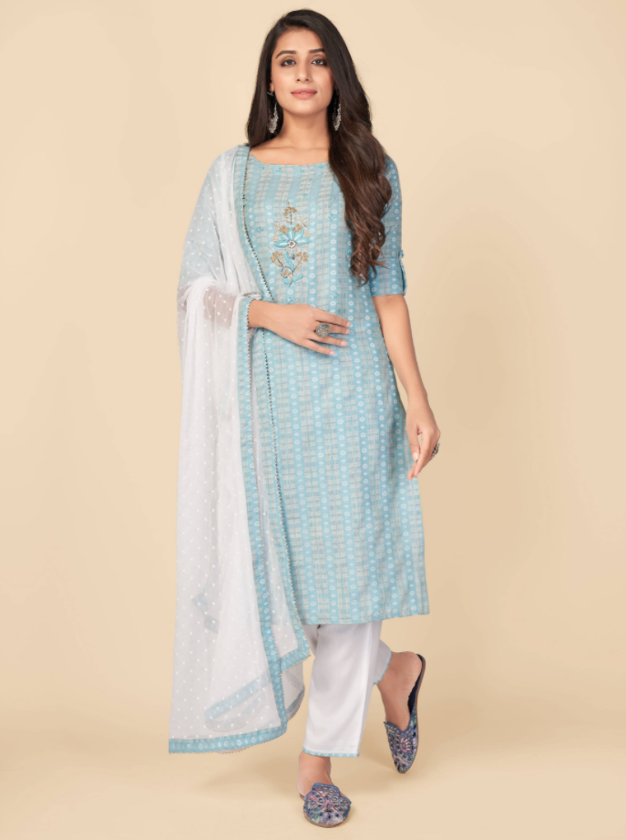 NOZ2TOZ Women's Printed & Hand Work Straight Cotton Sky Blue Kurta Pant With Dupatta (3Pcs Set) 