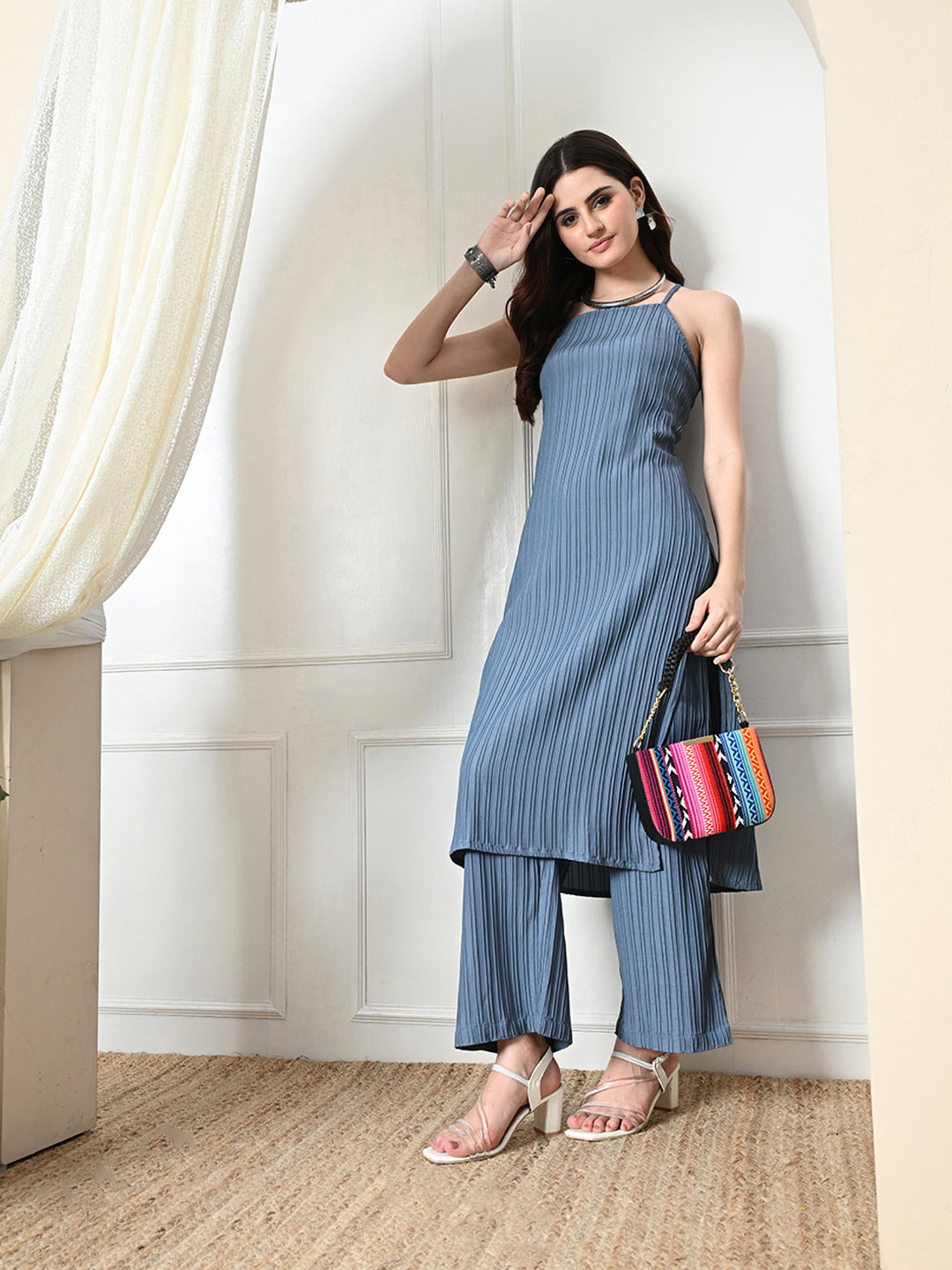 Myshka Women's Self Design Shoulder Straps Kurta & Palazzos Sets in Grey Color 