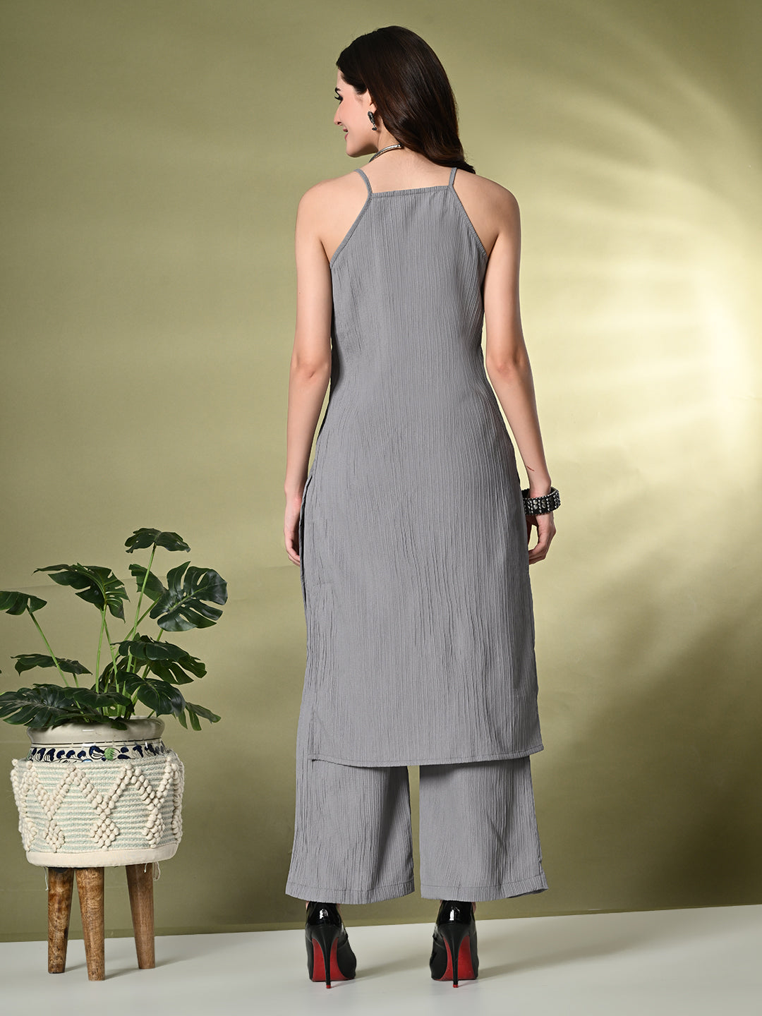 Myshka Women's Self Design Shoulder Straps Kurta & Palazzos Sets in Grey Color 