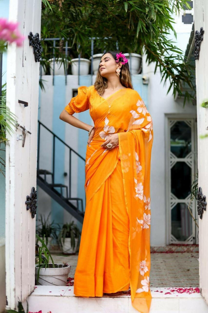 Exclusive Collection Beautiful Orange Pure Cotton Hand Print Handloom Grab2Buy With Running Blouse Piece 