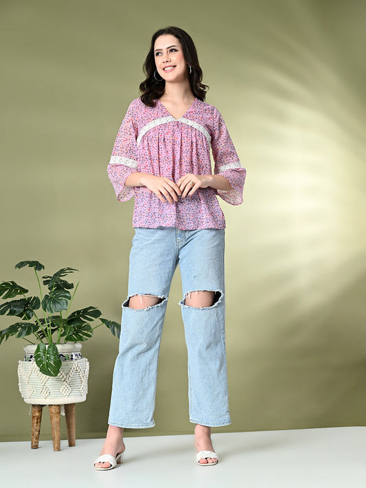 Myshka Women's Printed Georgette A-Line Bell Sleeves Casual Tops In Pink Color