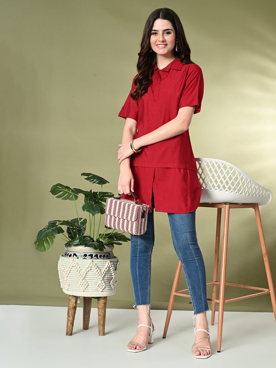 Myshka Women's Solid A-Line Collared Neck Casual Tunic In Red Color 