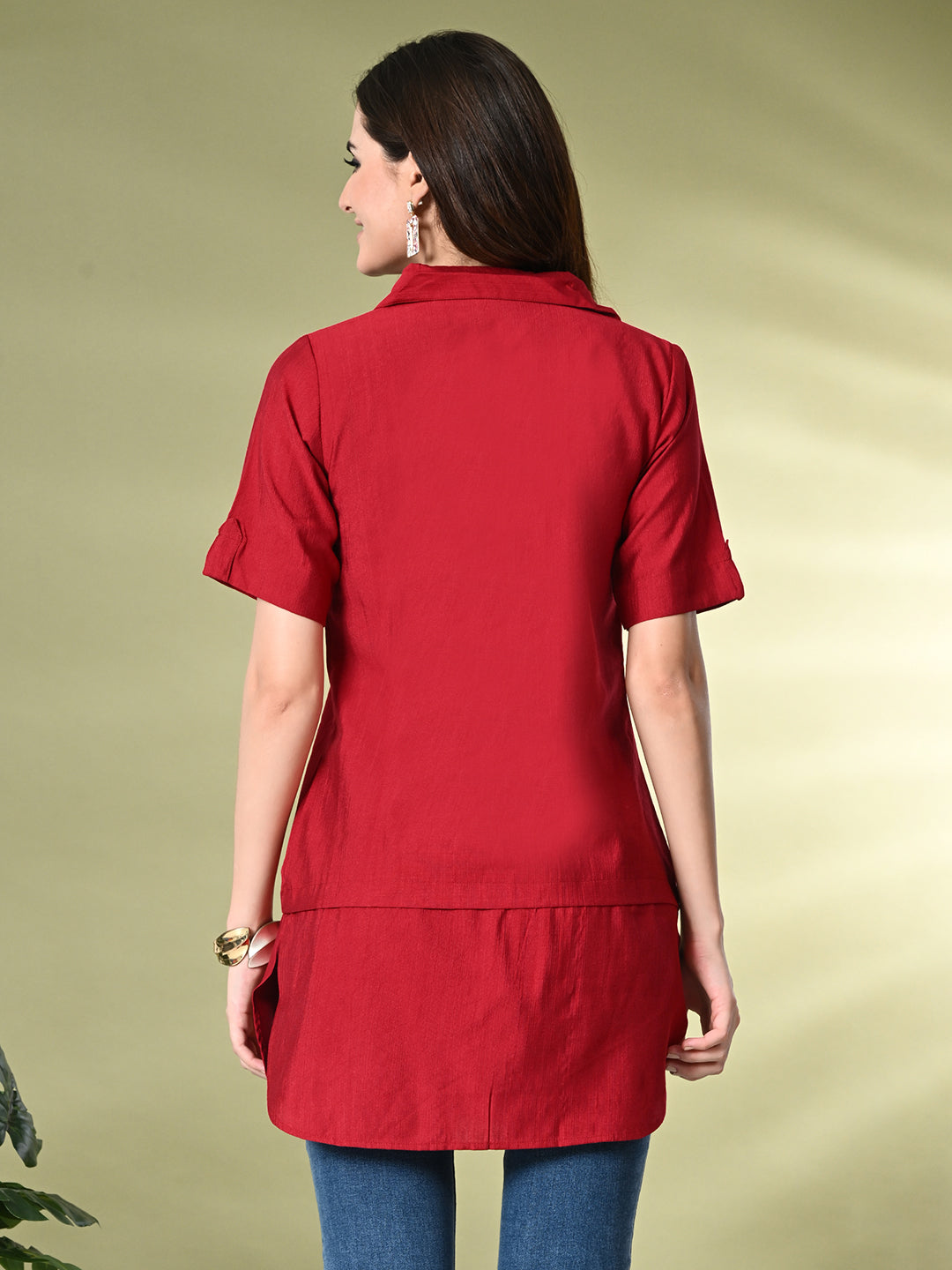 Myshka Women's Solid A-Line Collared Neck Casual Tunic In Red Color 
