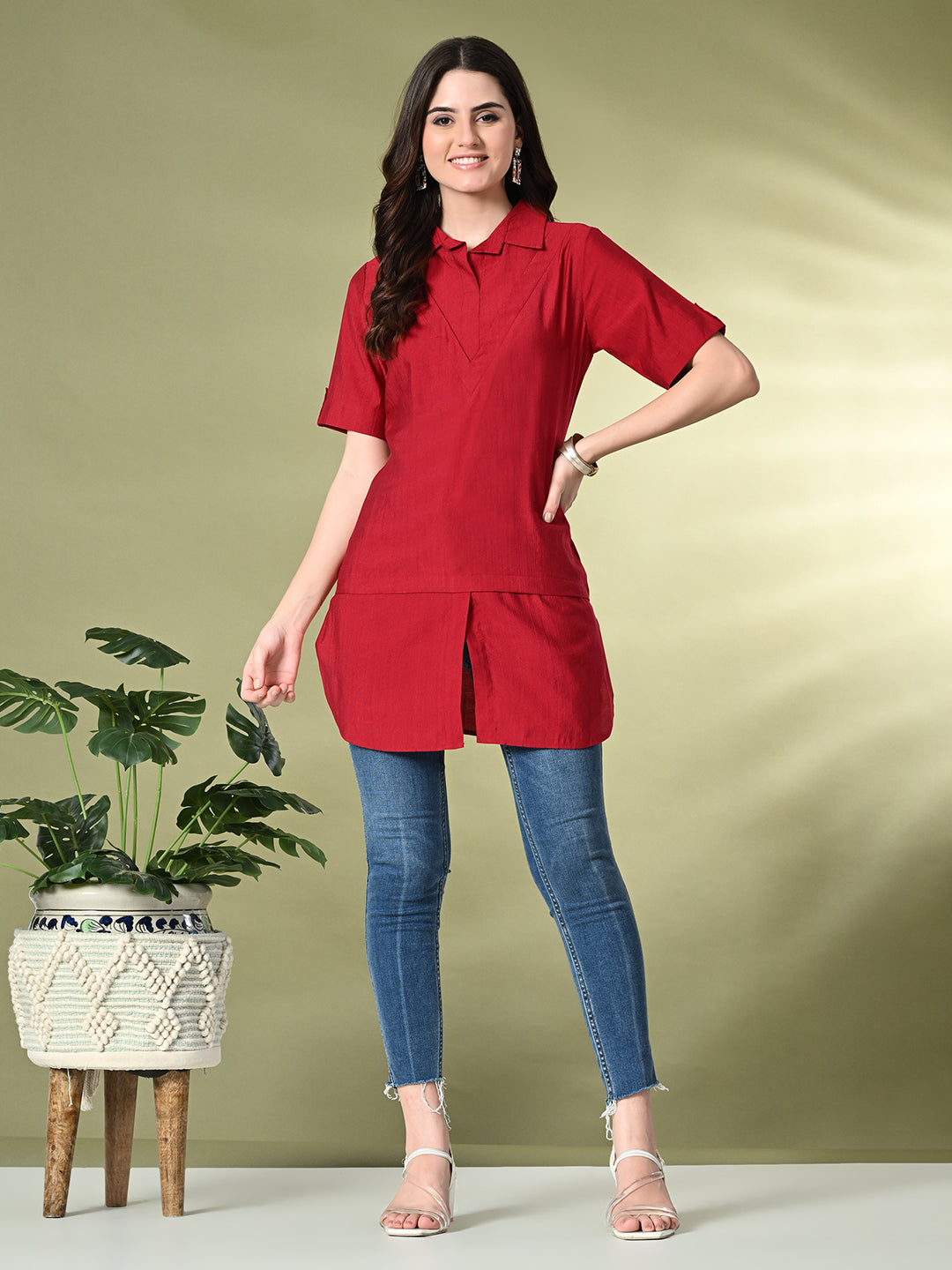 Myshka Women's Solid A-Line Collared Neck Casual Tunic In Red Color 