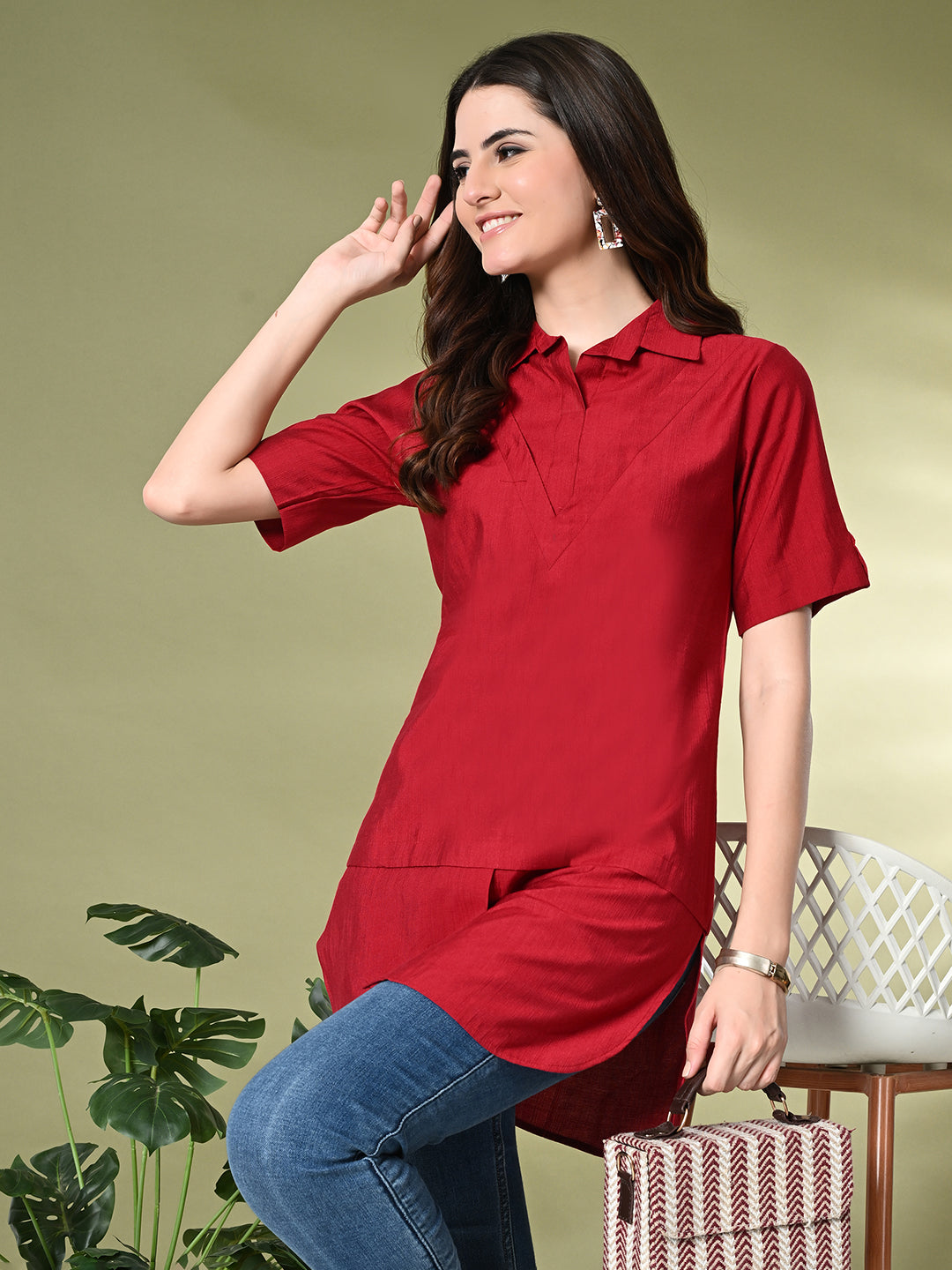 Myshka Women's Solid A-Line Collared Neck Casual Tunic In Red Color 