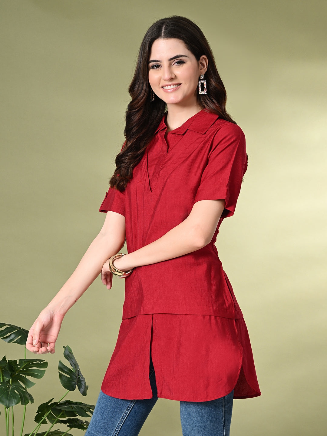Myshka Women's Solid A-Line Collared Neck Casual Tunic In Red Color 
