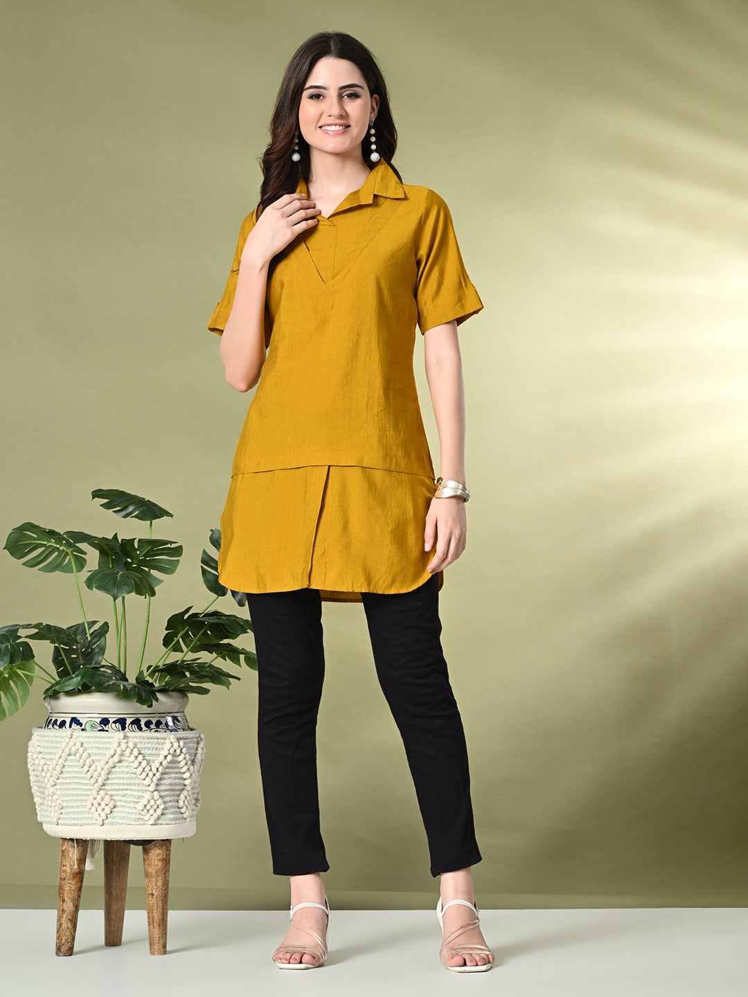 Myshka Women's Solid A-Line Collared Neck Casual Tunic In Mustard Color 