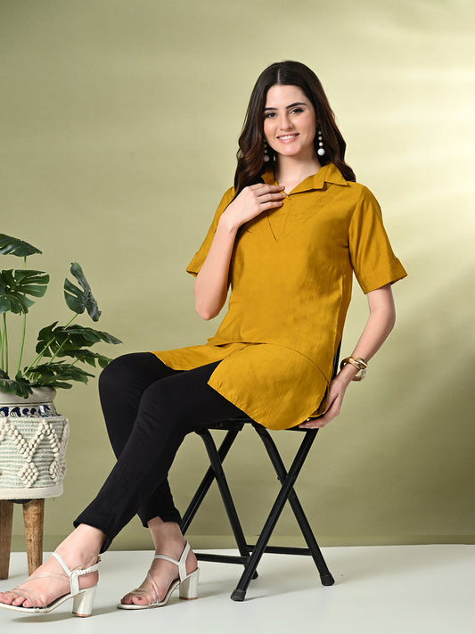 Myshka Women's Solid A-Line Collared Neck Casual Tunic In Mustard Color 