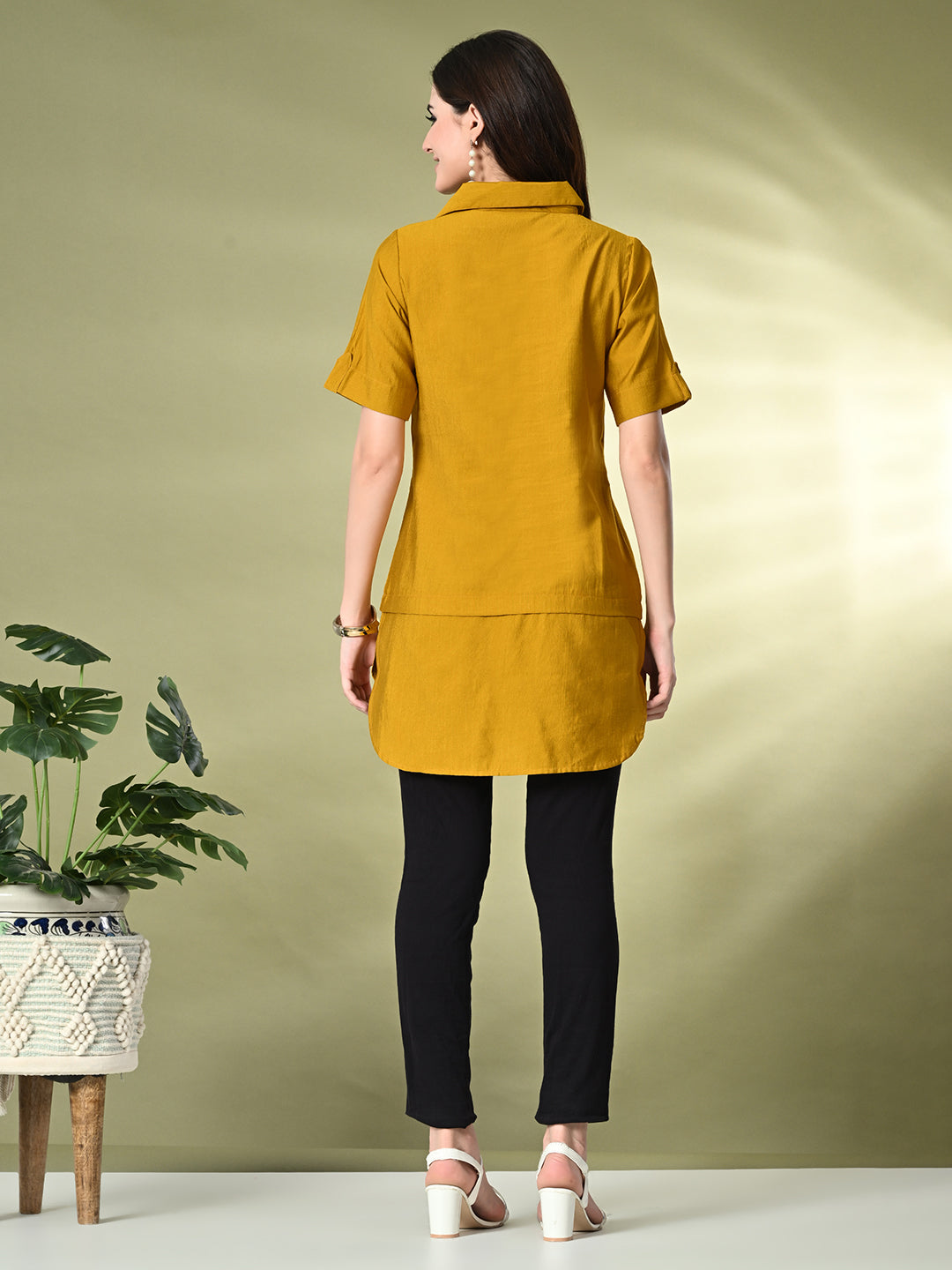 Myshka Women's Solid A-Line Collared Neck Casual Tunic In Mustard Color 