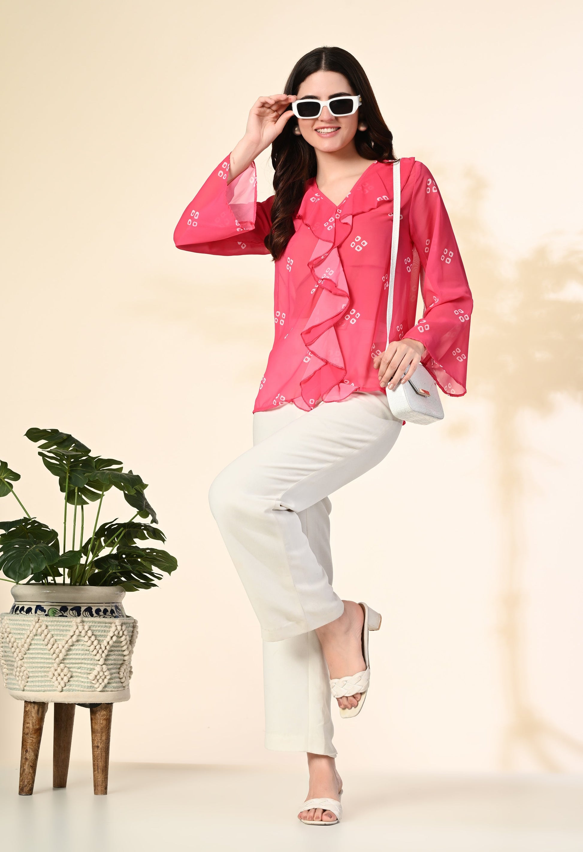 Myshka Women's Printed Georgette Embellished Long Sleeves Casual Tops In Pink Color