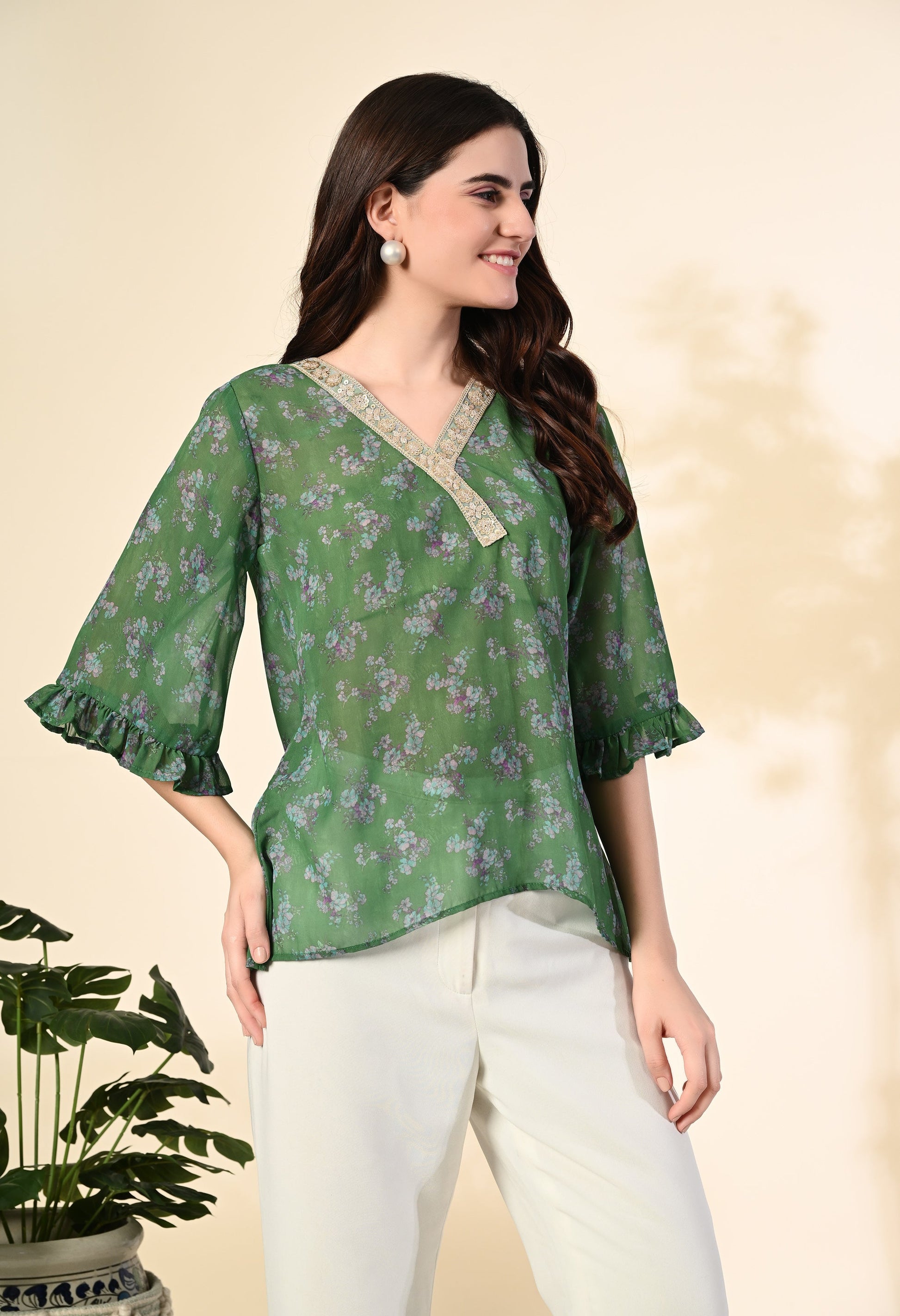Myshka Women's Printed Georgette Embellished Bell Sleeves Party Tops In Green Color