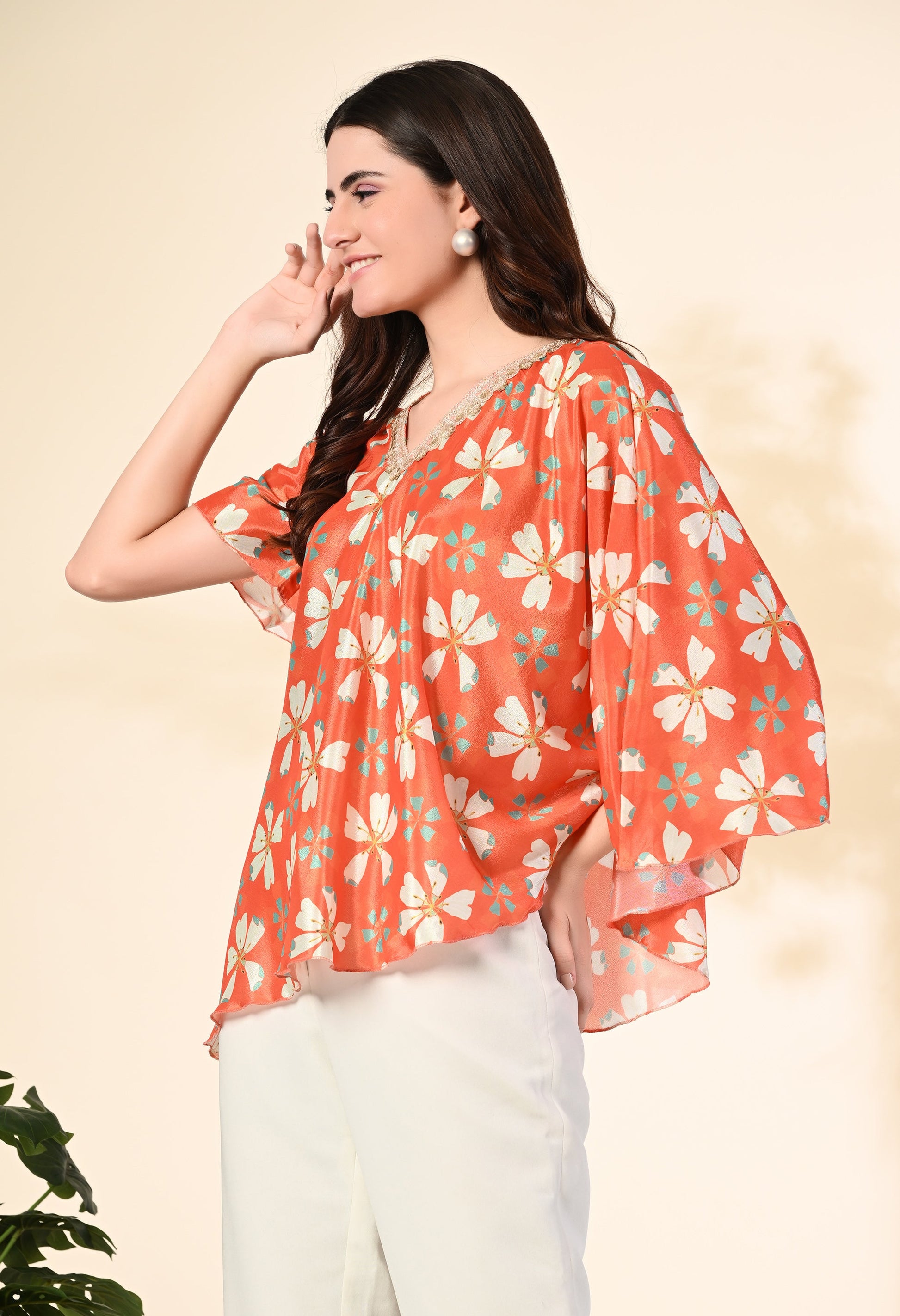 Myshka Women's Printed Chinon Kaftan Style Flayerd Sleeves Party Tops In Orange Color