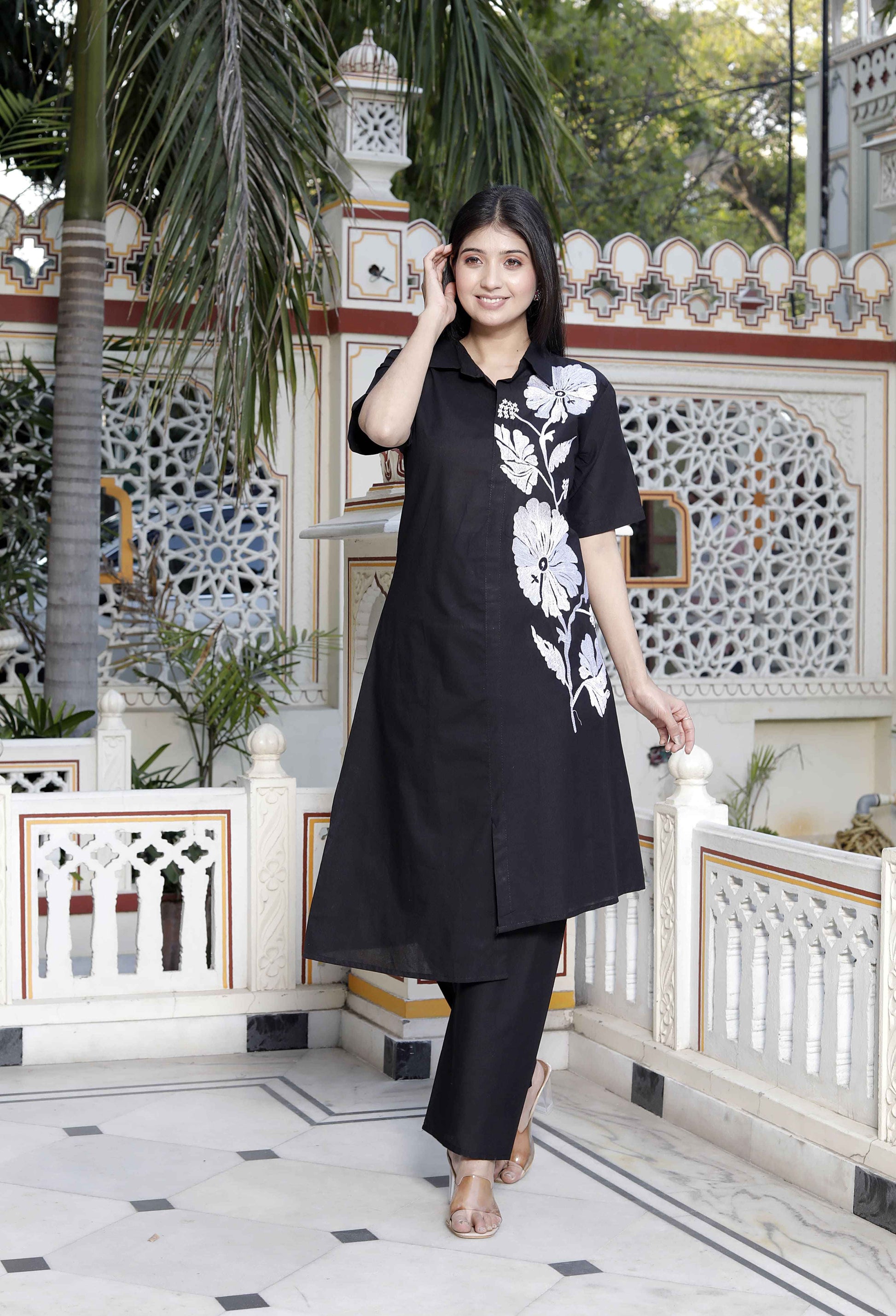 Miravan Women's Black Pure Cotton Floral Embroidered High Low Co-Ord Set 