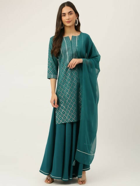 FIORRA Women's Teal Green Crepe Straight Kurta Skirt With Dupatta 