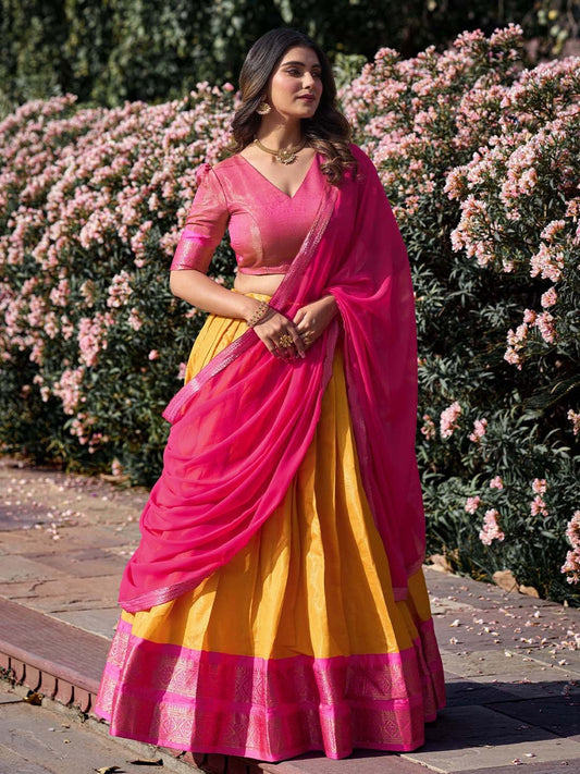 Lorenvalley Mustard Kanchipuram Zari Weaving Work Lehenga Choli with Dupatta 