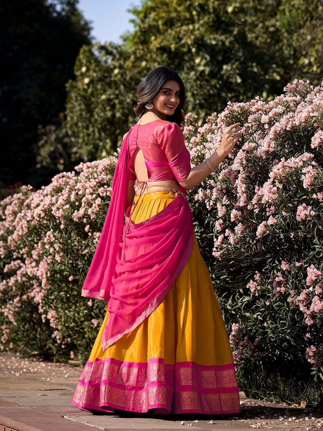 Lorenvalley Mustard Kanchipuram Zari Weaving Work Lehenga Choli with Dupatta 
