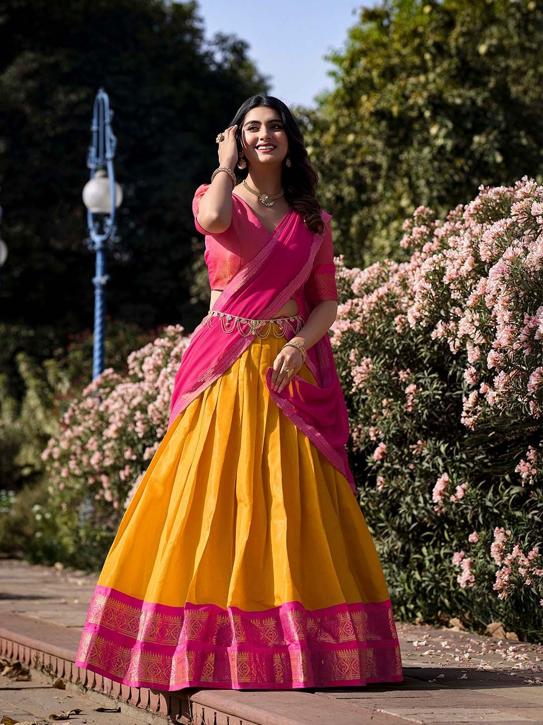 Lorenvalley Mustard Kanchipuram Zari Weaving Work Lehenga Choli with Dupatta 