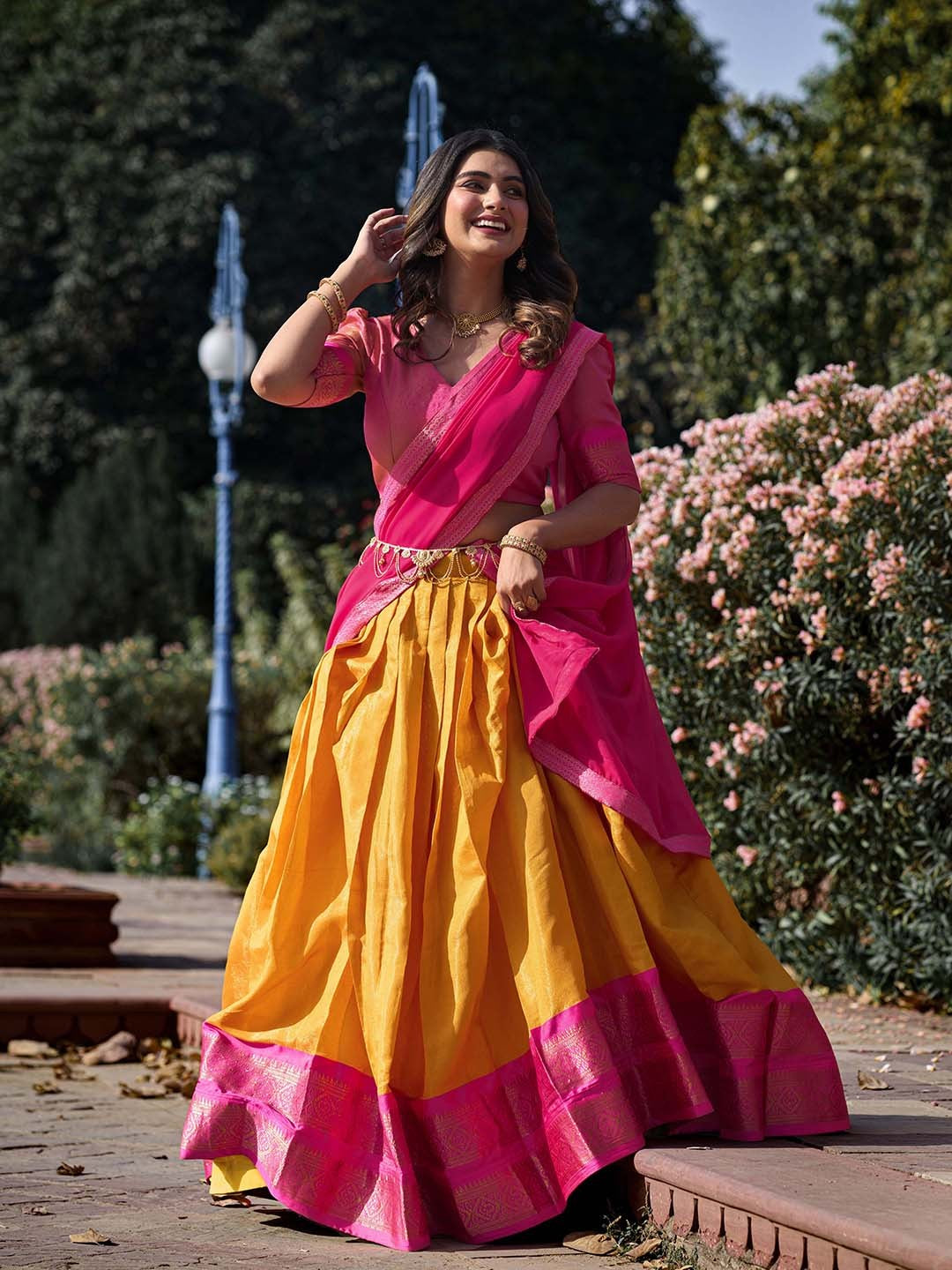 Lorenvalley Mustard Kanchipuram Zari Weaving Work Lehenga Choli with Dupatta 