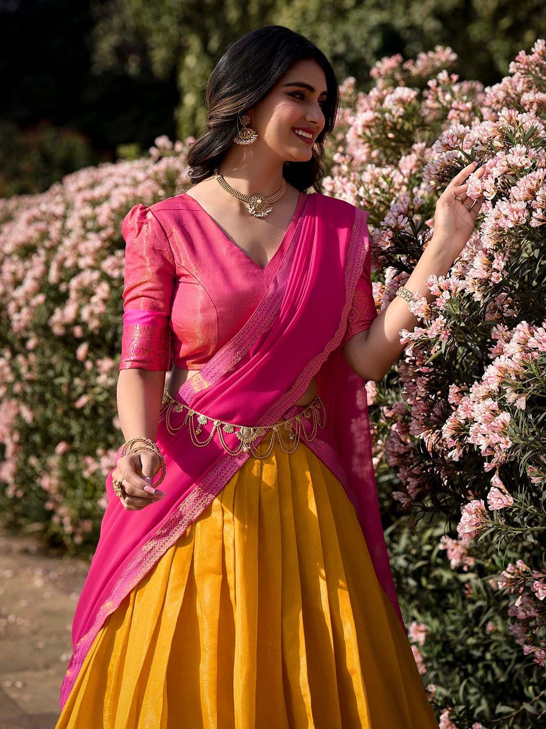 Lorenvalley Mustard Kanchipuram Zari Weaving Work Lehenga Choli with Dupatta 