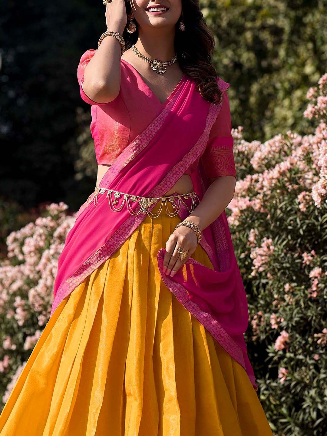 Lorenvalley Mustard Kanchipuram Zari Weaving Work Lehenga Choli with Dupatta 