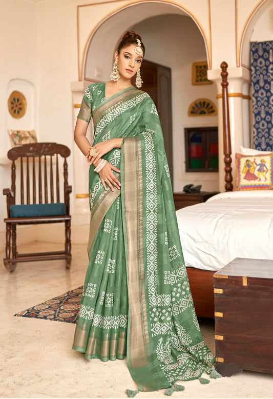 Green Patta Poly Cotton Aztec Printed Saree With Unstitched Blouse Piece - Shades