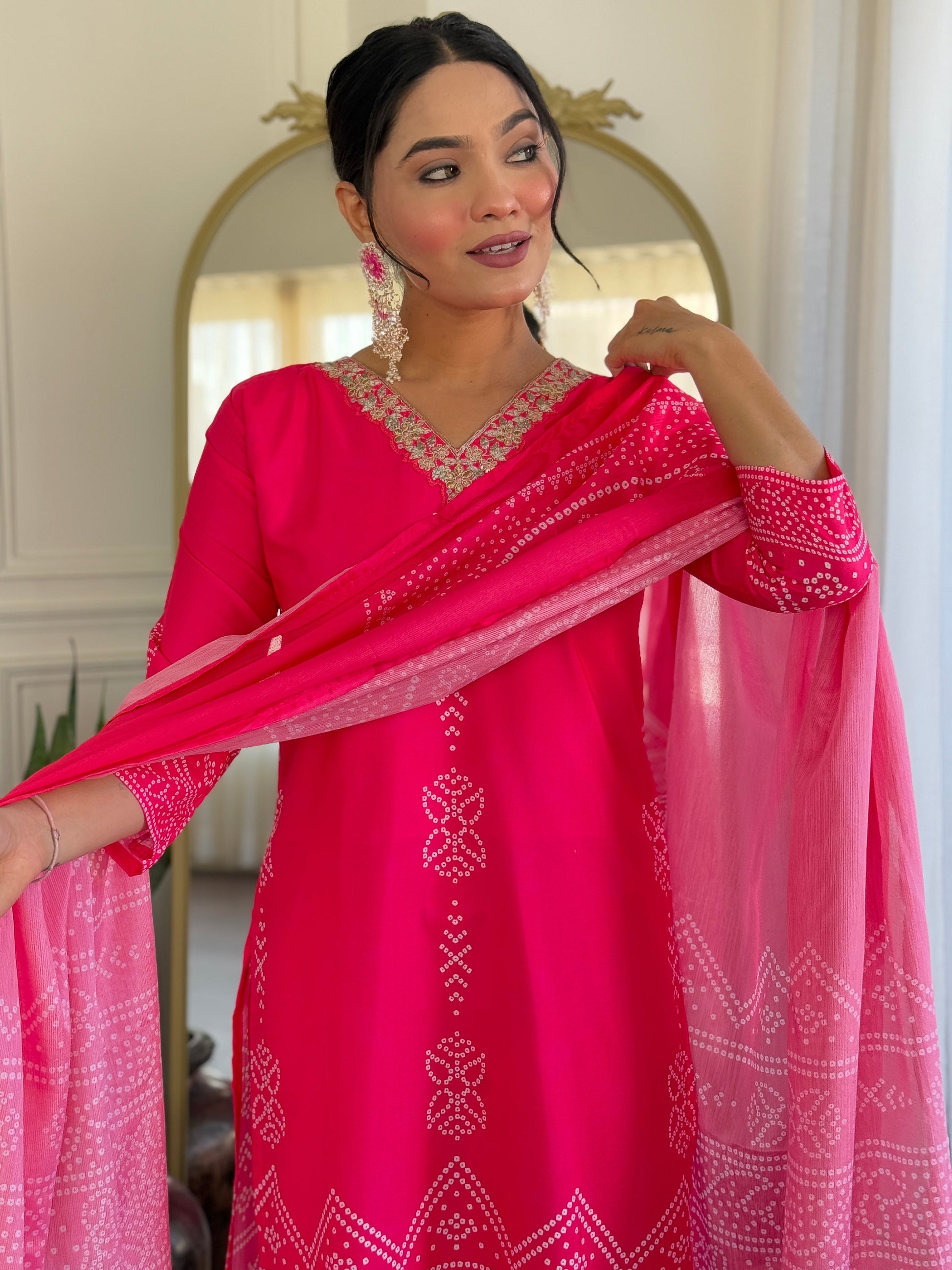 Teeya Creation Pink Colour French Crepe Digital Print With Embroidery Work Fully Stitched Kurti Set