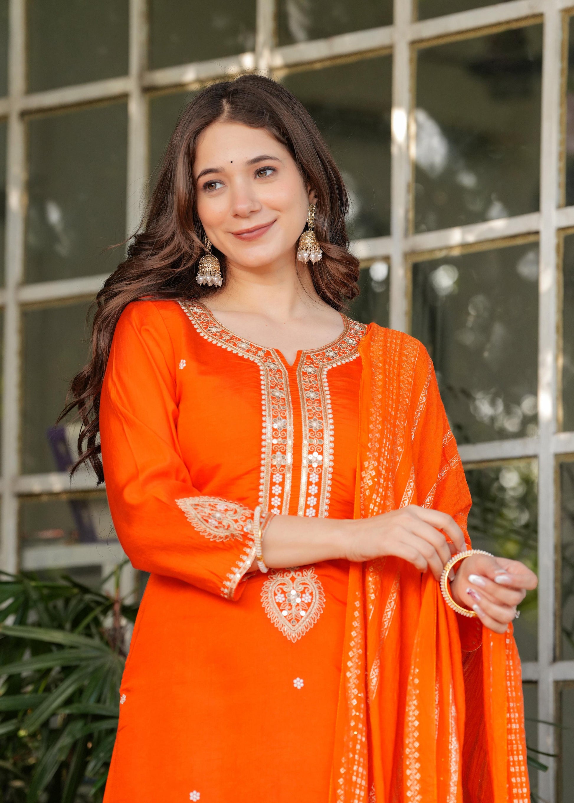 Teeya Creation Orange Color Viscose Chanderi Embroidery Work Fully Stitched Kurti Set