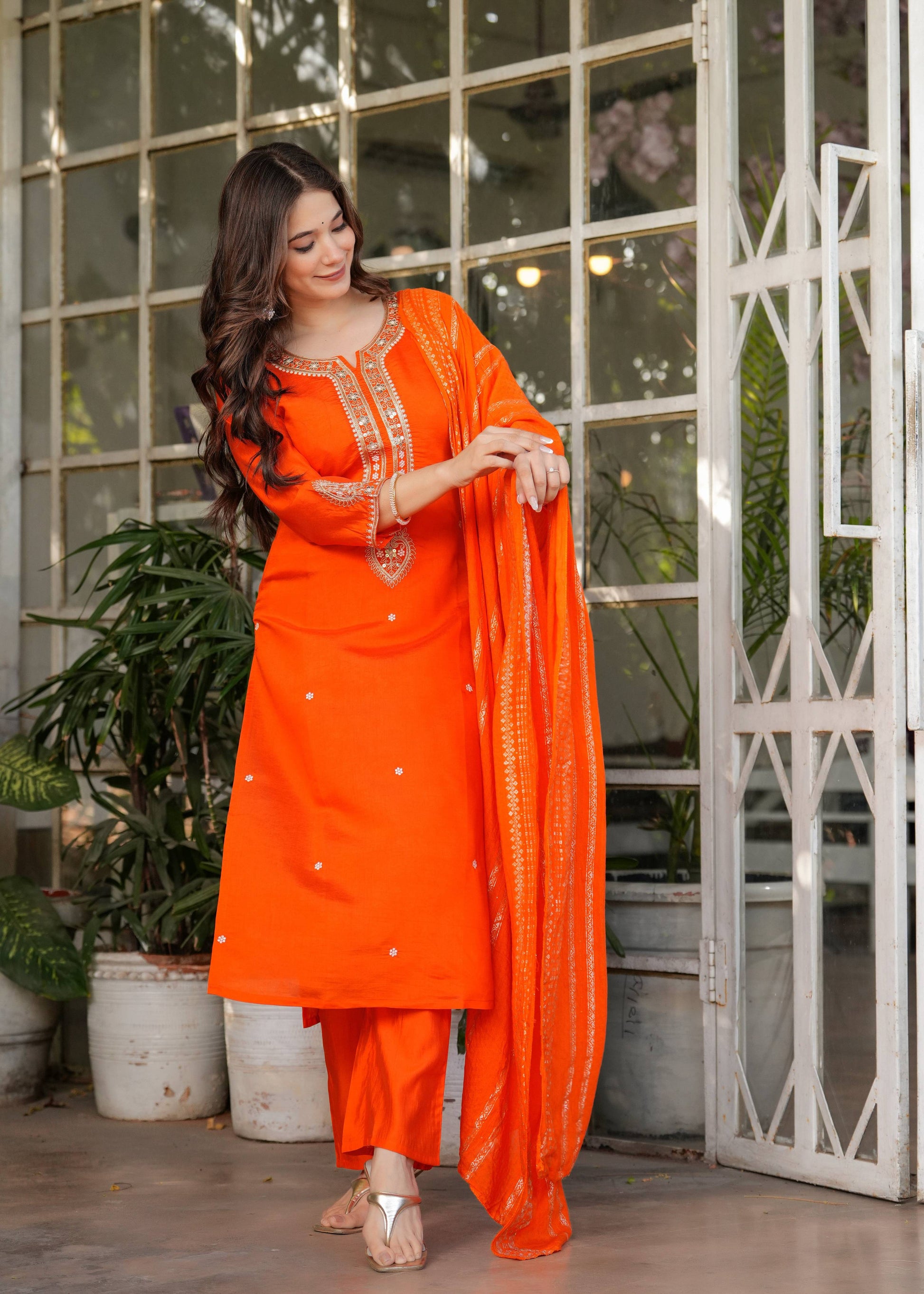 Teeya Creation Orange Color Viscose Chanderi Embroidery Work Fully Stitched Kurti Set