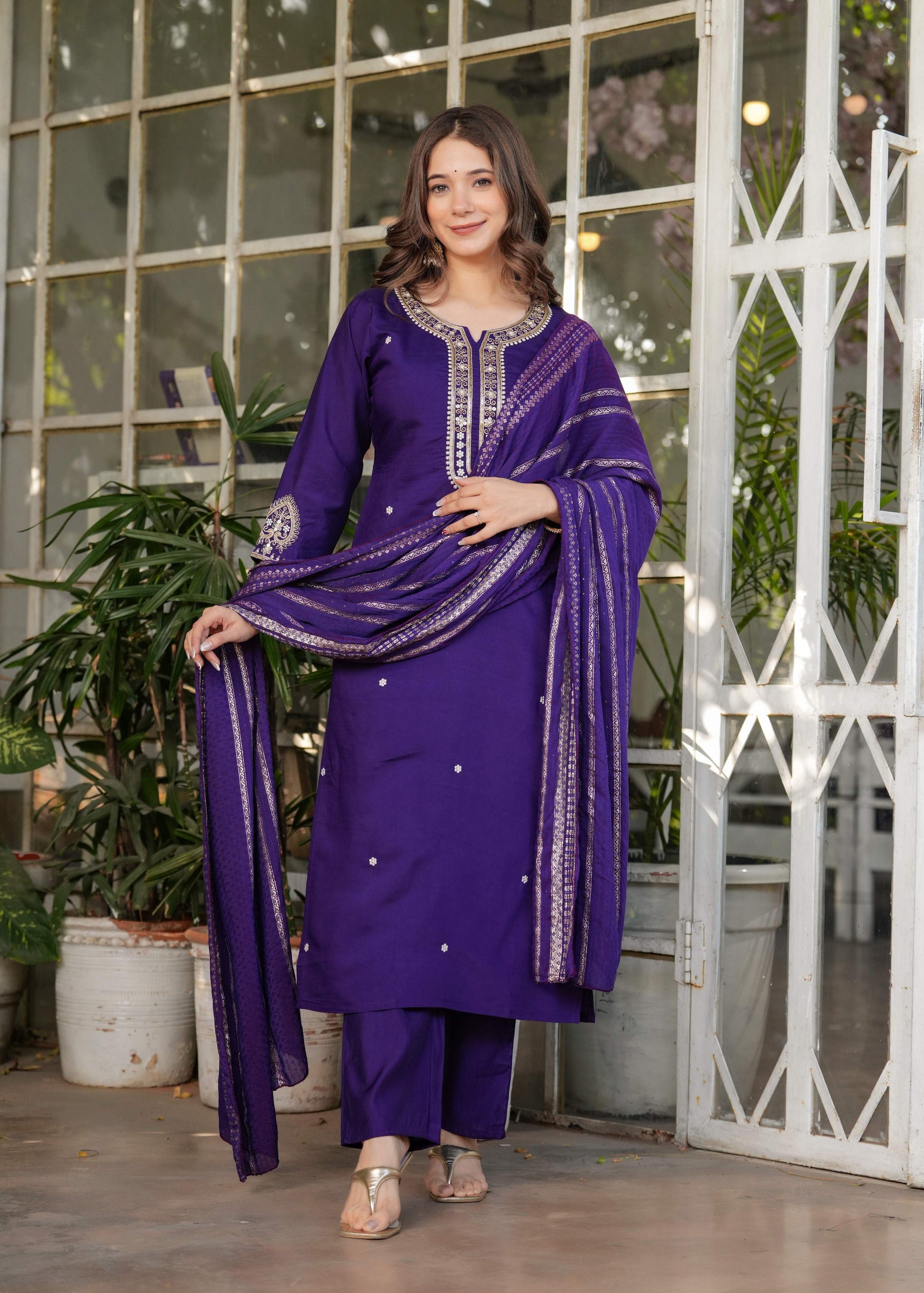 Teeya Creation Purple Color Viscose Chanderi Embroidery Work Fully Stitched Kurti Set