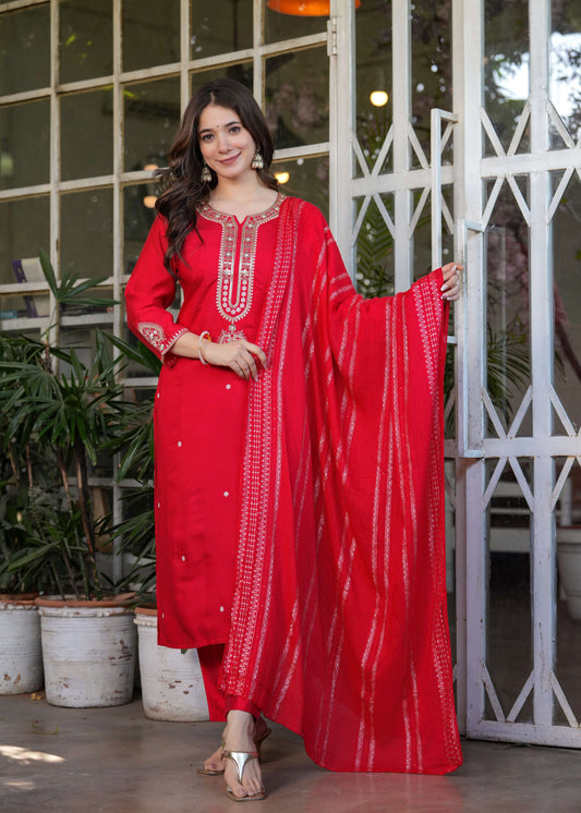 Teeya Creation Red Color Viscose Chanderi Embroidery Work Fully Stitched Kurti Set