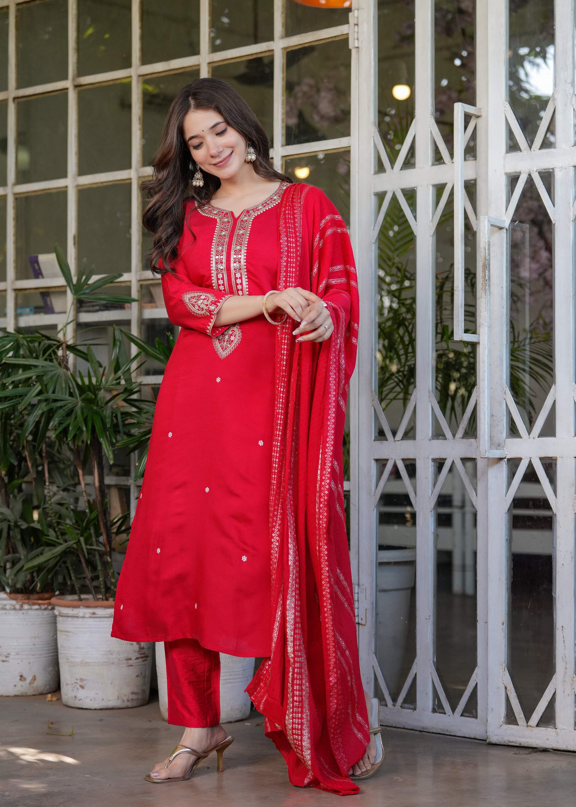 Teeya Creation Red Color Viscose Chanderi Embroidery Work Fully Stitched Kurti Set