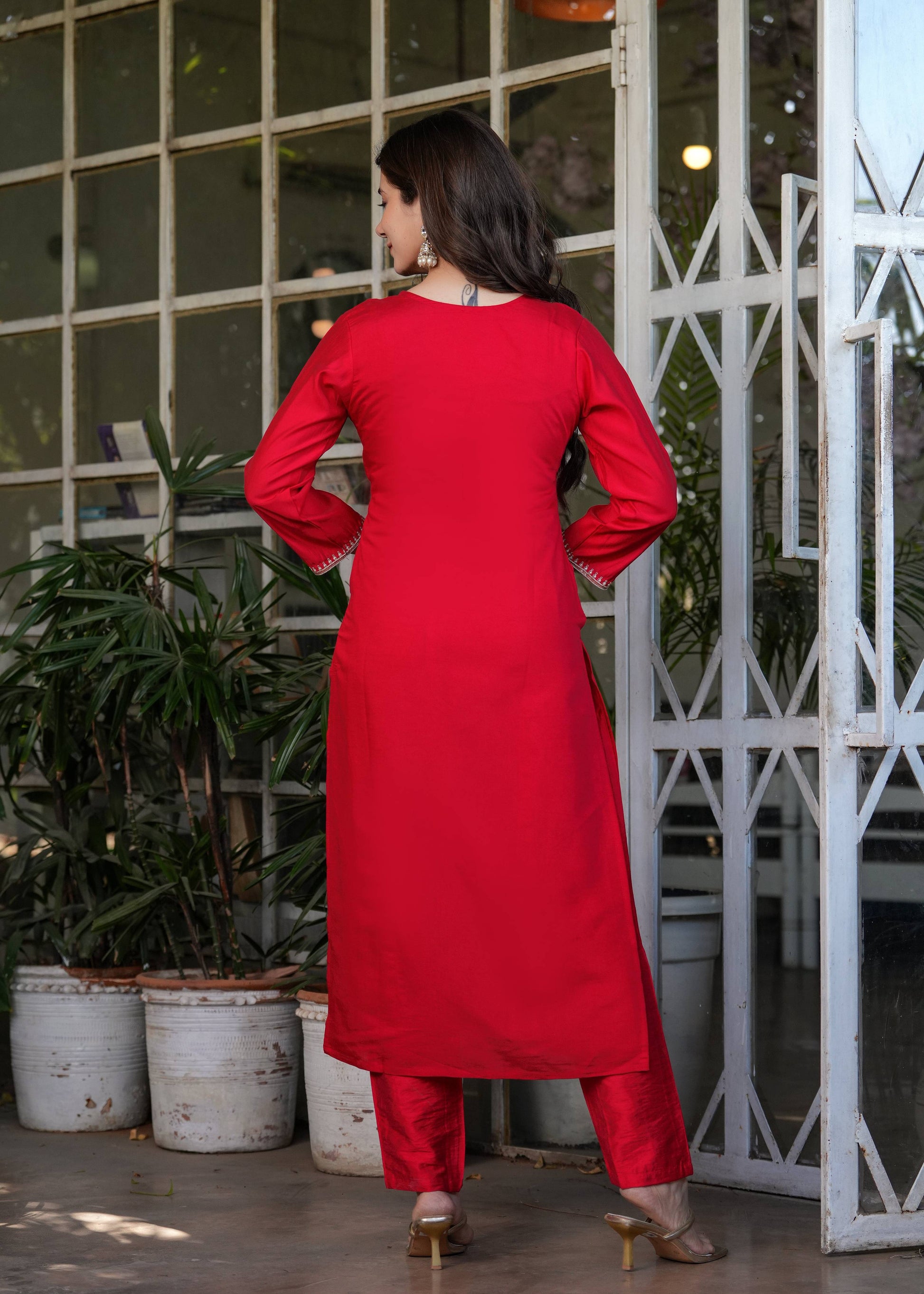 Teeya Creation Red Color Viscose Chanderi Embroidery Work Fully Stitched Kurti Set