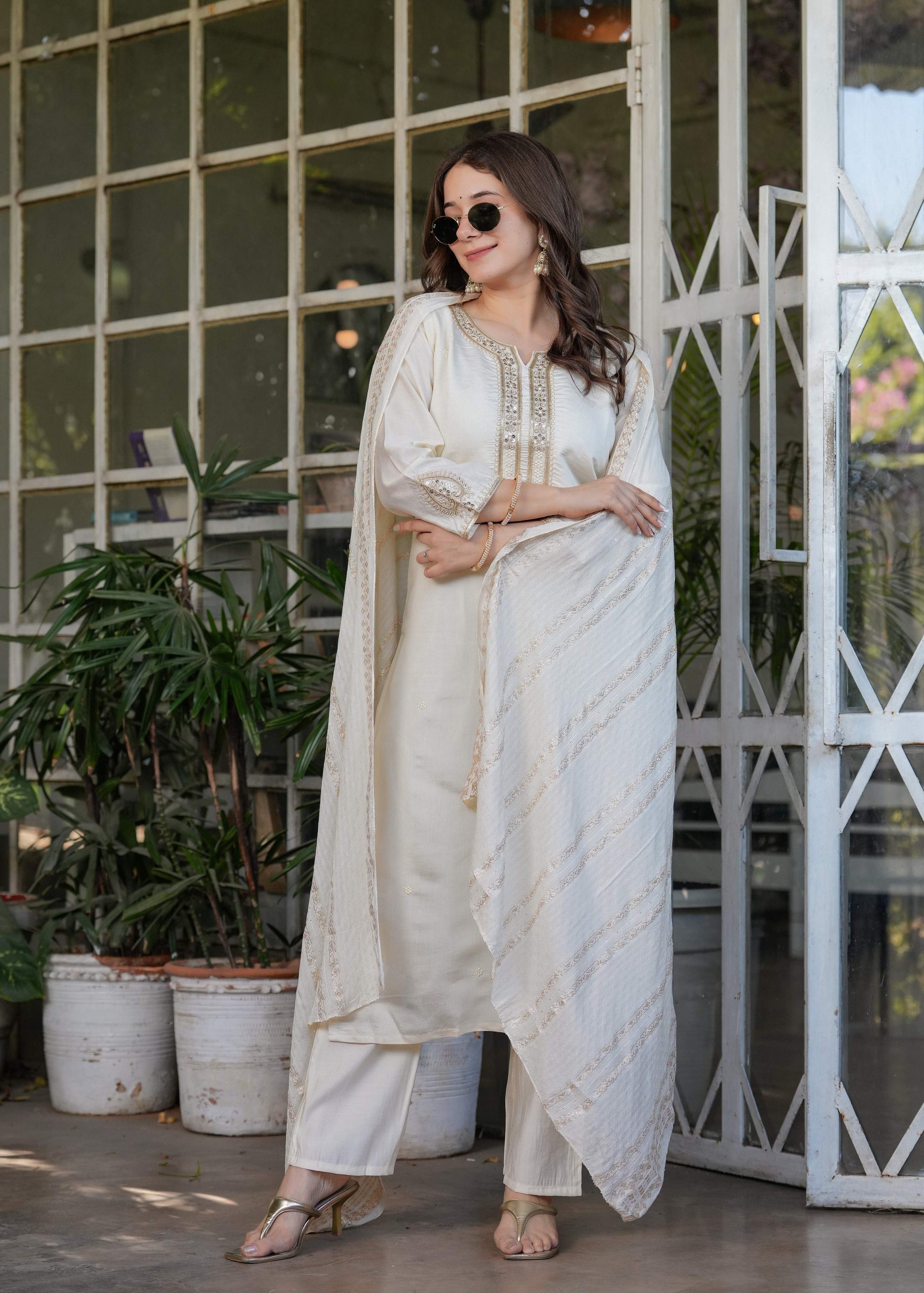 Teeya Creation White Color Viscose Chanderi Embroidery Work Fully Stitched Kurti Set