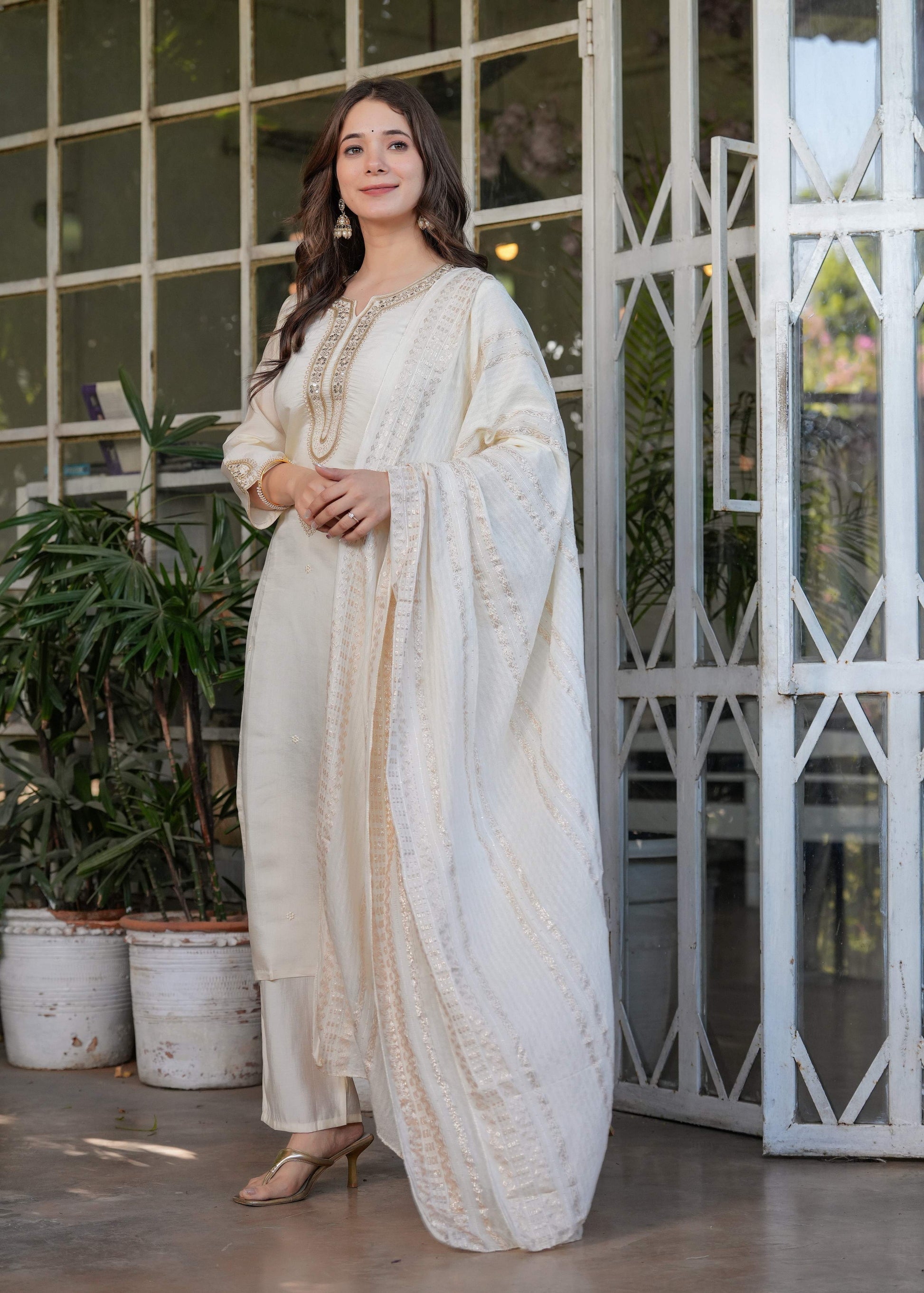Teeya Creation White Color Viscose Chanderi Embroidery Work Fully Stitched Kurti Set