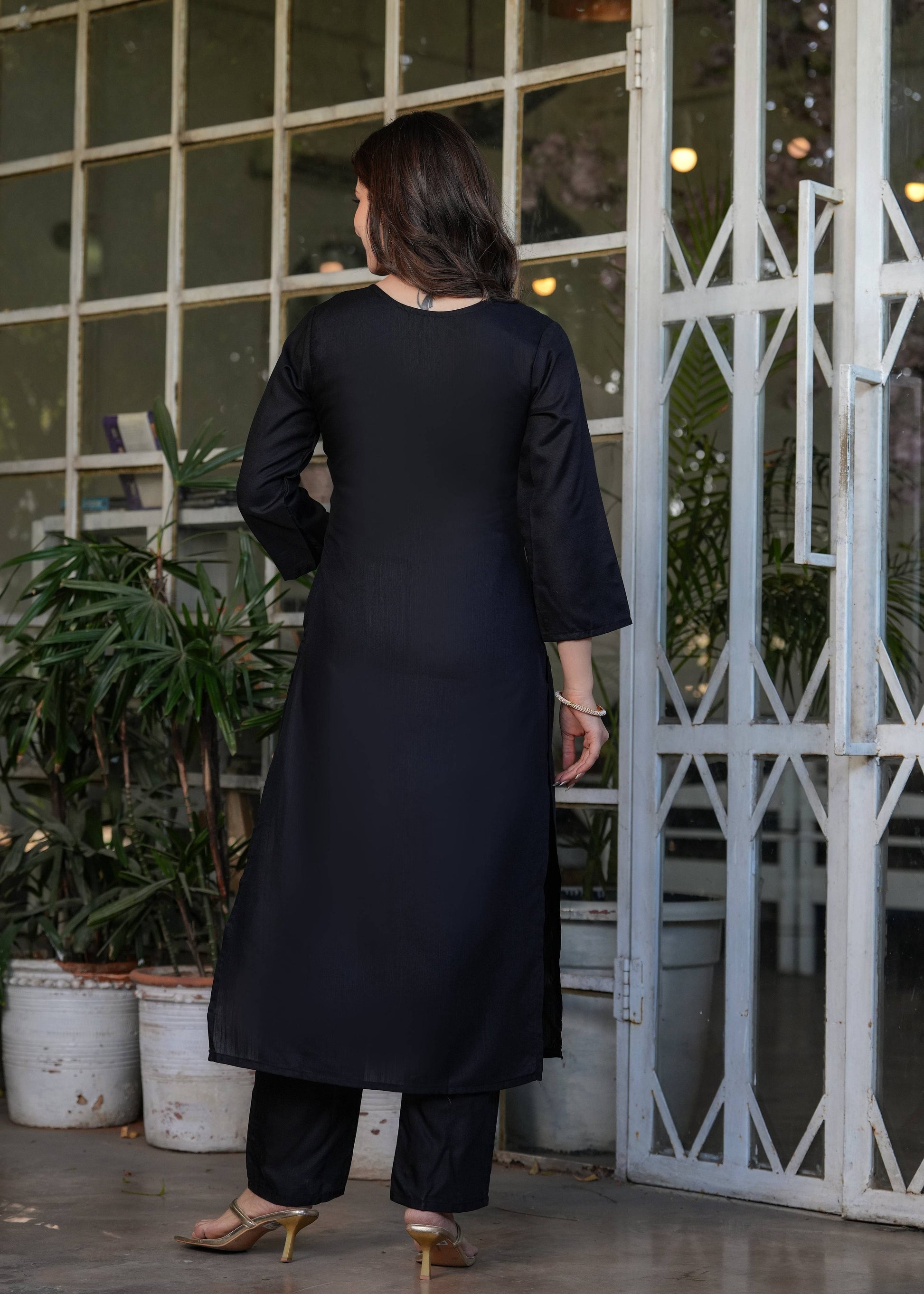 Teeya Creation Black Color Viscose Rayon Embroidery Work Fully Stitched Kurti Set