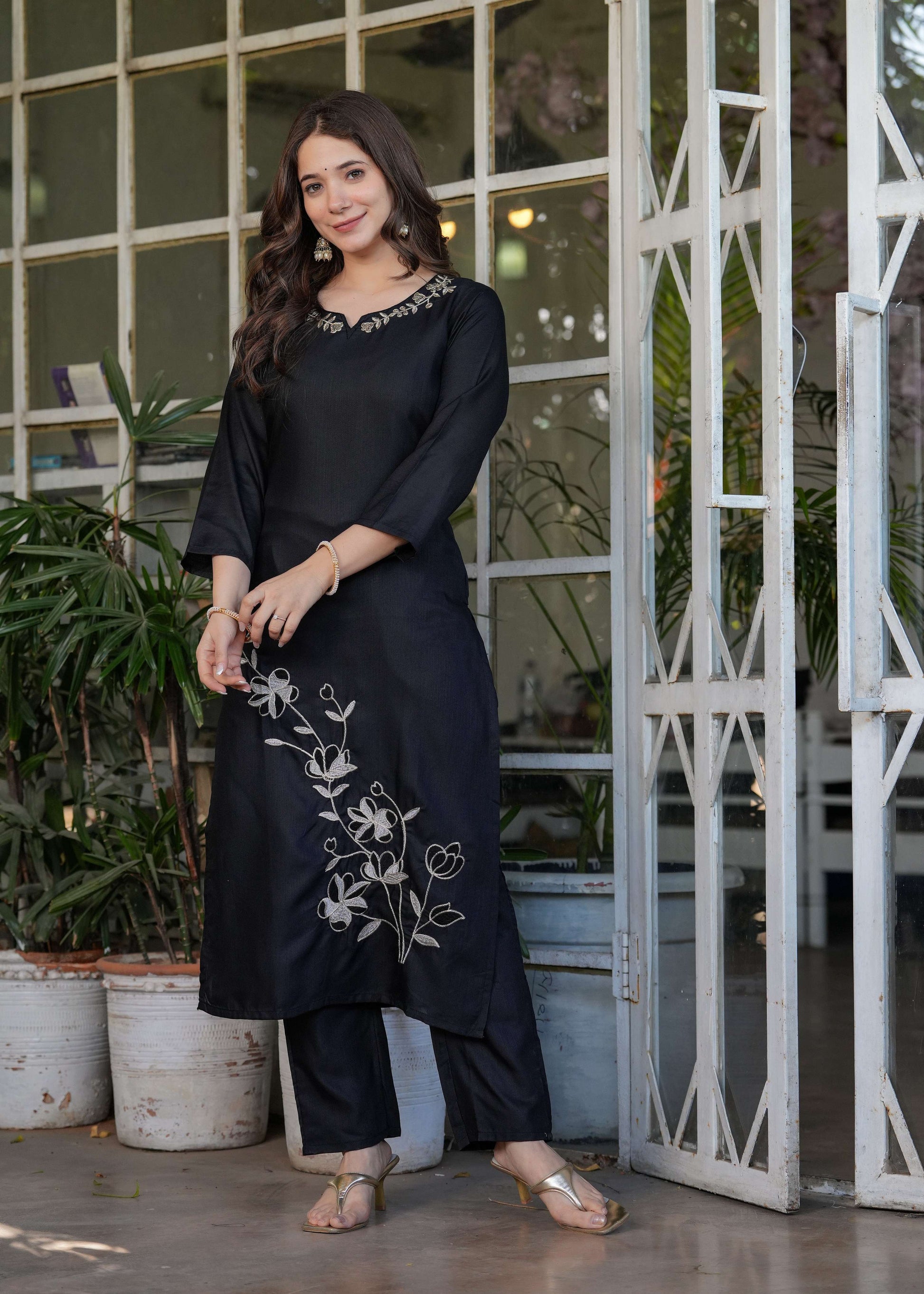 Teeya Creation Black Color Viscose Rayon Embroidery Work Fully Stitched Kurti Set